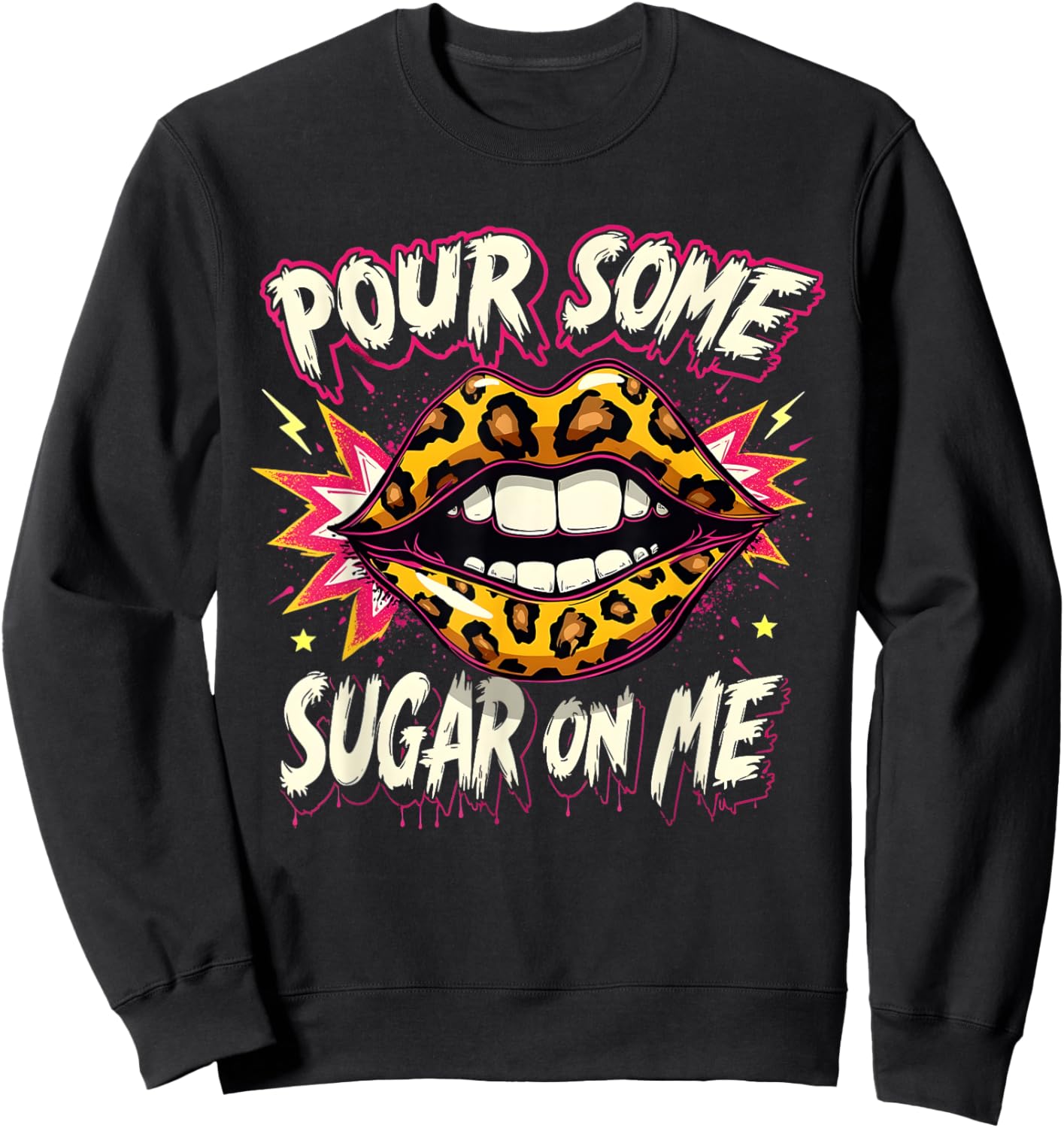 Happy Valentine's Day Retro Leopard Lips Pour Some Sugar Art Sweatshirt - Sweatshirt | Black