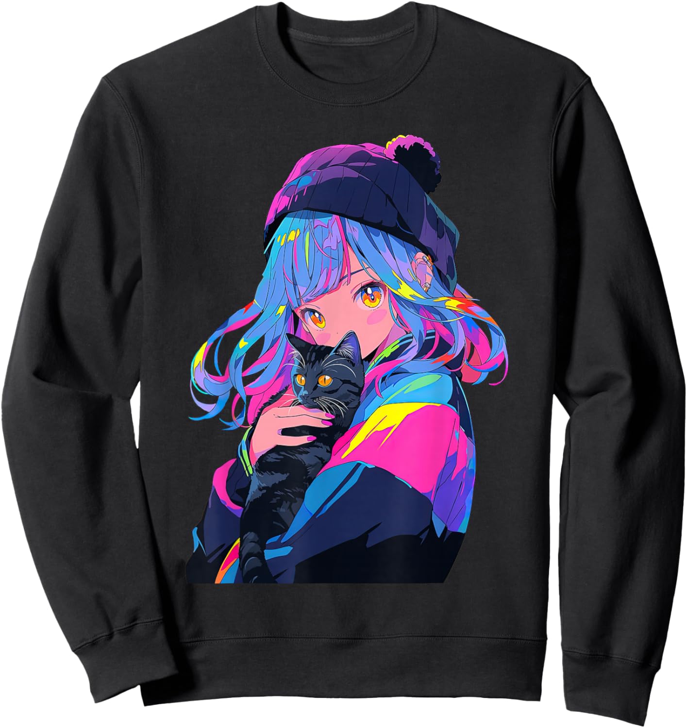 Anime and Cats Manga Girl with a Cat Anime Lover Sweatshirt - Sweatshirt | Black