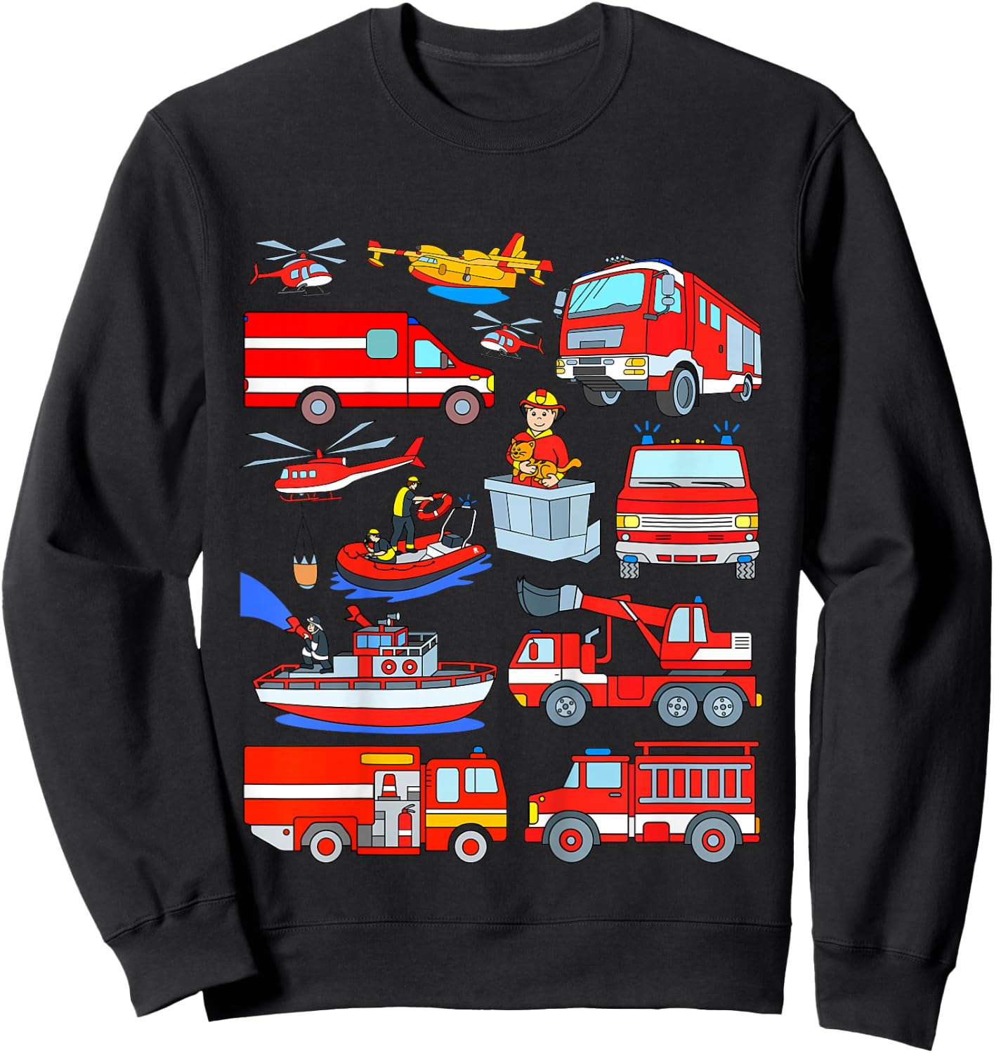 Kids Fire Truck Fireman Cat Rescue Boat Plane Firefighters Boy Sweatshirt - Sweatshirt | Black