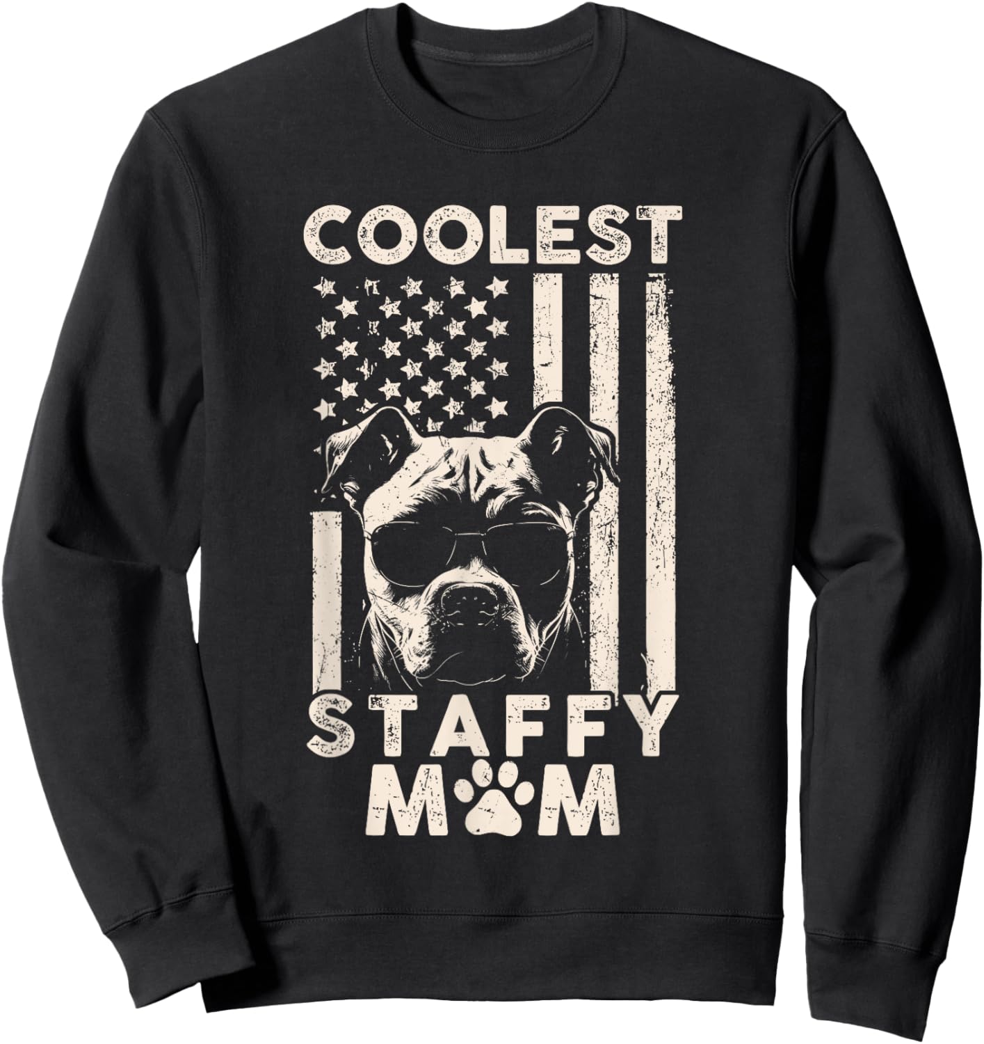 Vintage Coolest Staffy Mom USA American Flag Funny Dog Mom Kids Men Sweatshirt - Sweatshirt | Black