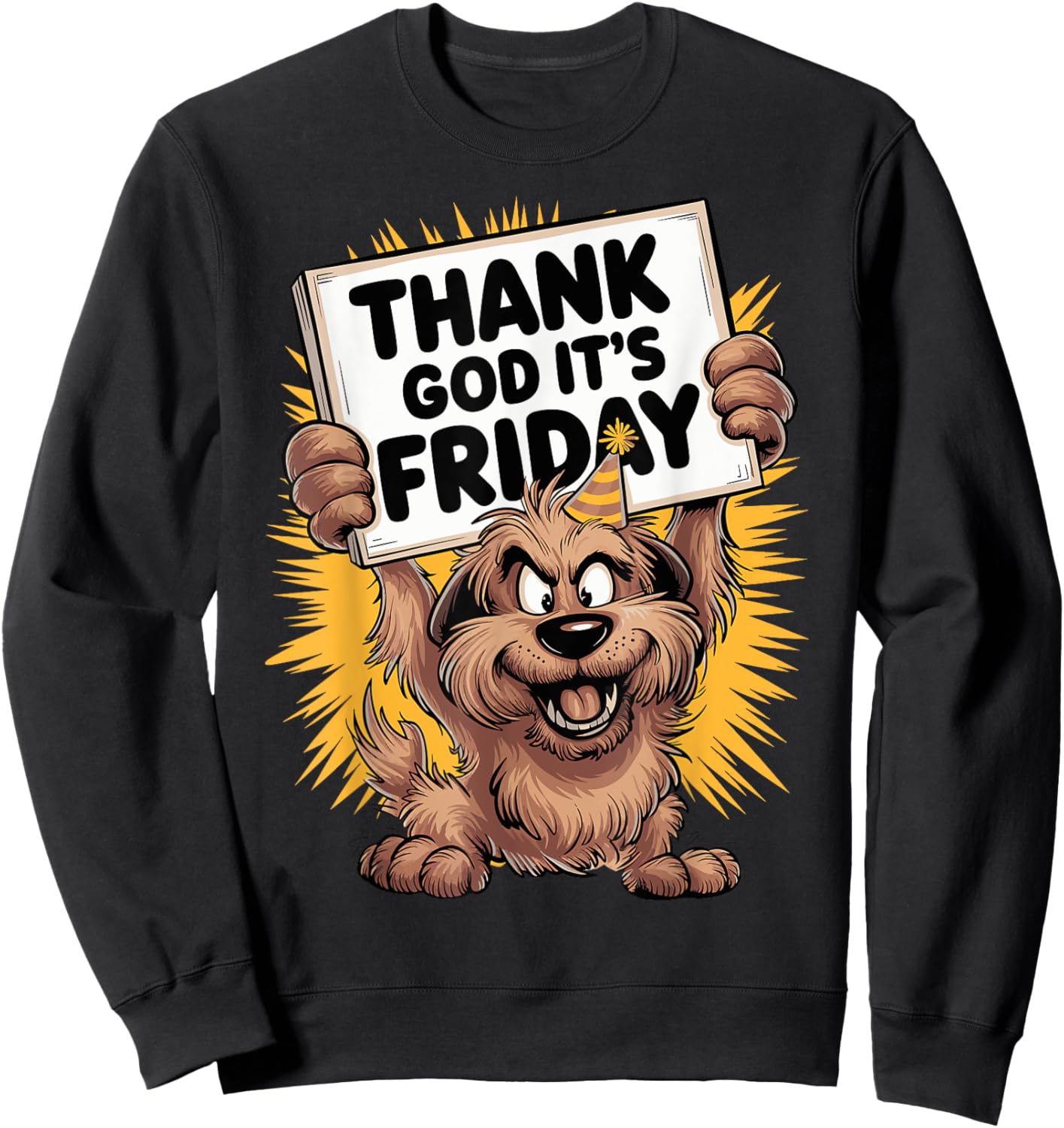 Thank God It's Friday Cheerful Dog Cartoon Design Sweatshirt - Sweatshirt | Black