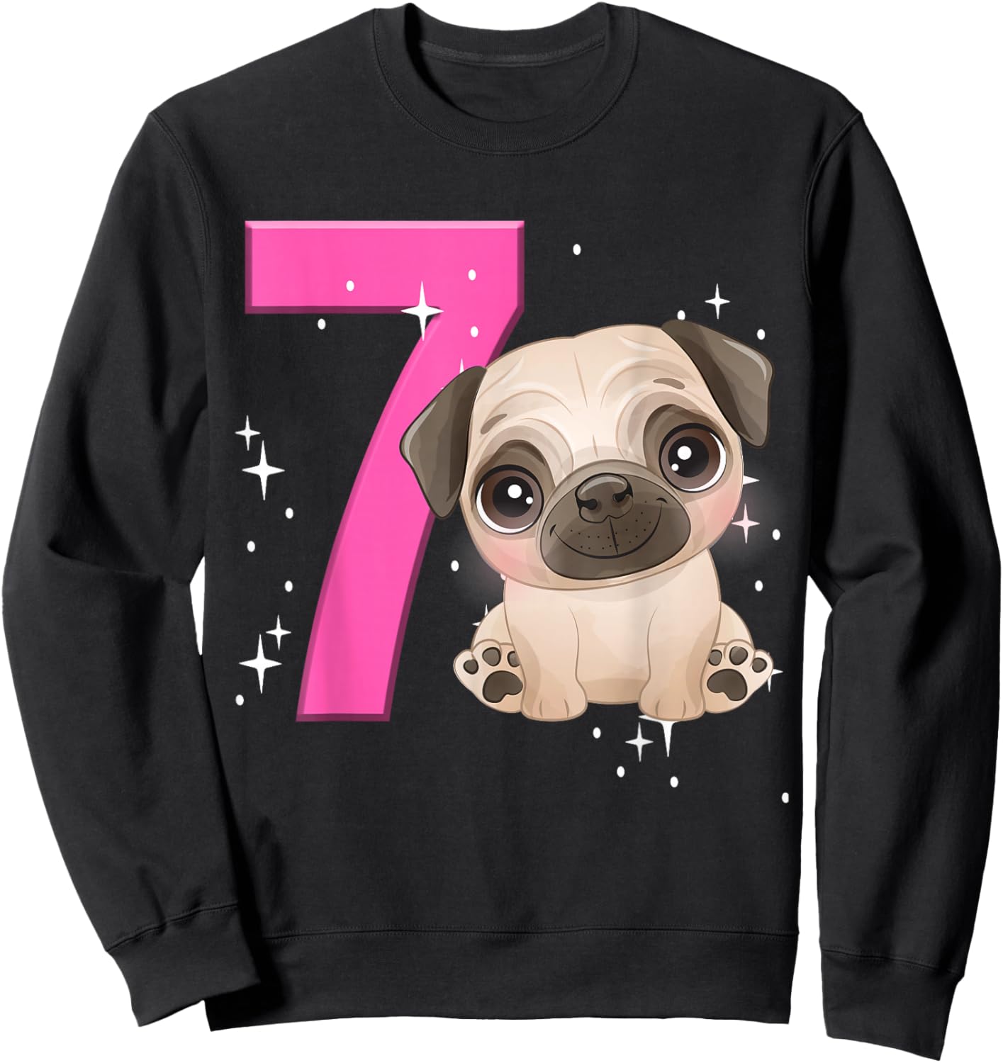 7th Birthday Girl Pug Dog Birthday Shirt Party Pug Kid Seven Sweatshirt - Sweatshirt | Black
