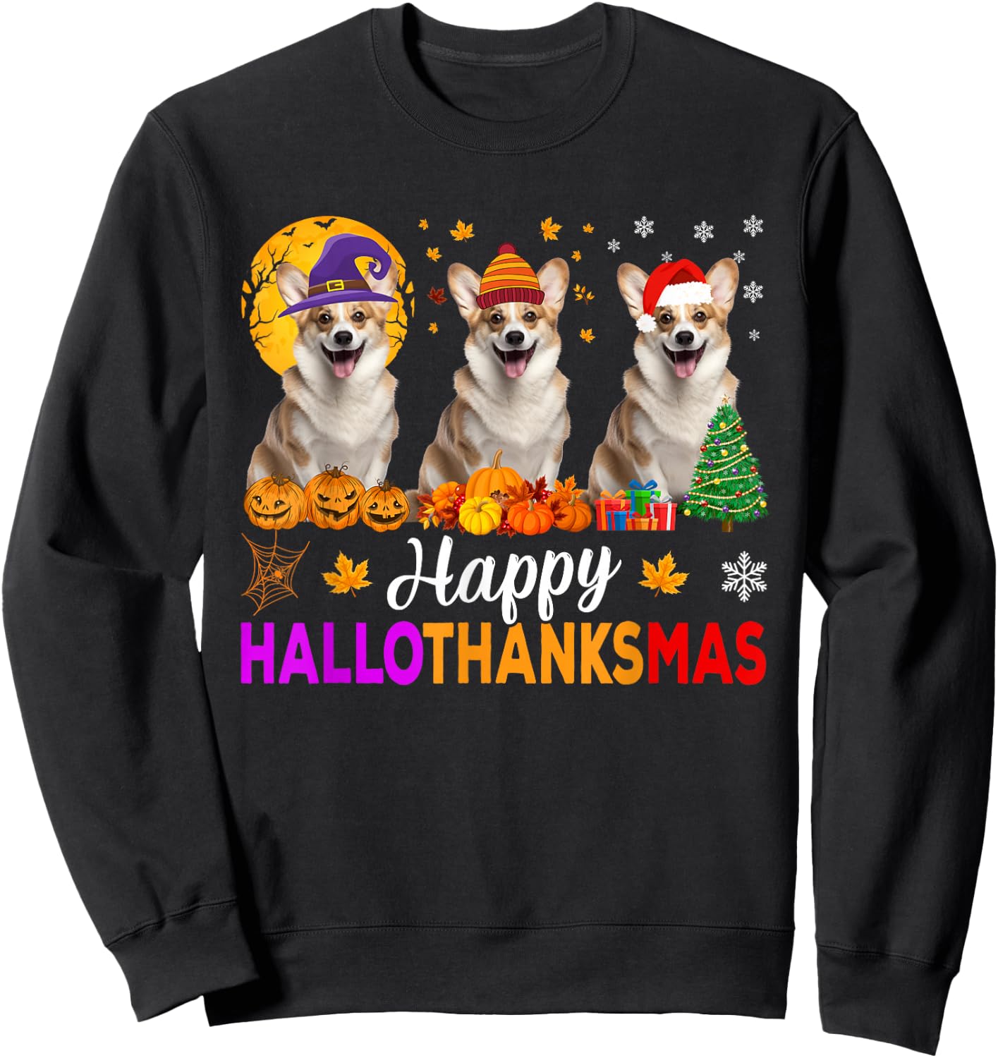 Corgi Dog Halloween Christmas Hallothanksmas Sweatshirt - Sweatshirt | Black