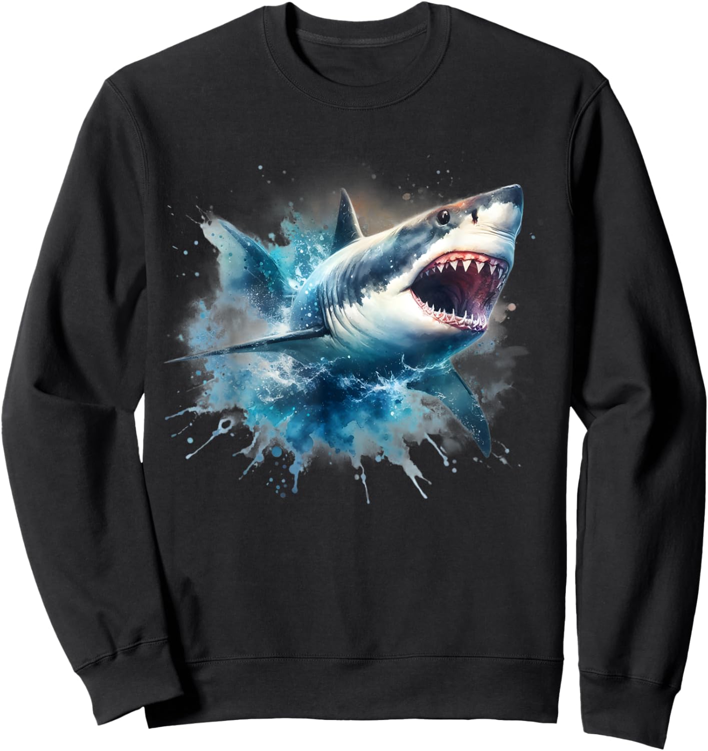 Cool Watercolor Great White Shark Open Jaw Sweatshirt - Sweatshirt | Black