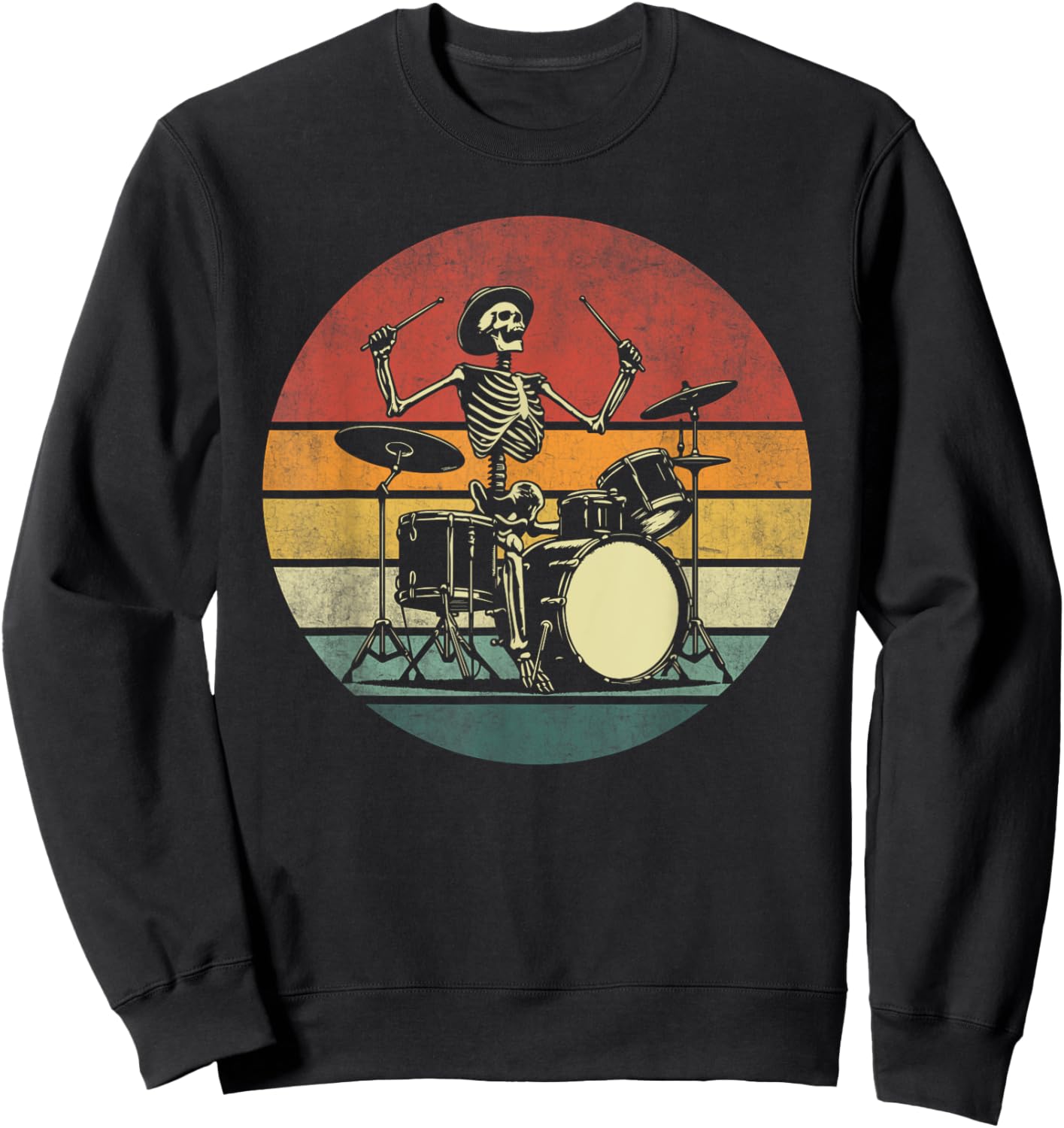 Retro Drummer Rock Skeleton Drummer Skeleton Playing Drum Sweatshirt - Sweatshirt | Black