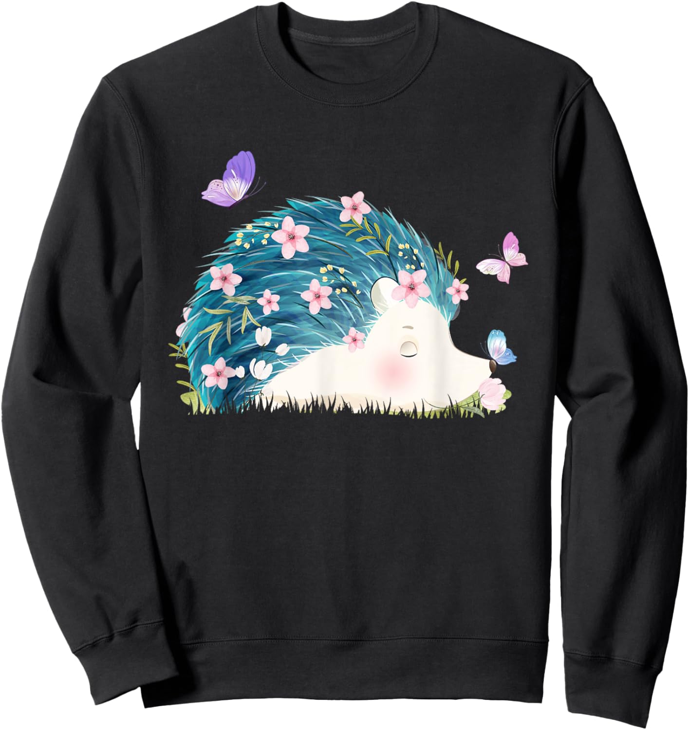 Hedgehog - Flowers Butterflies Nature Porcupine Lover Sweatshirt - Sweatshirt | Black