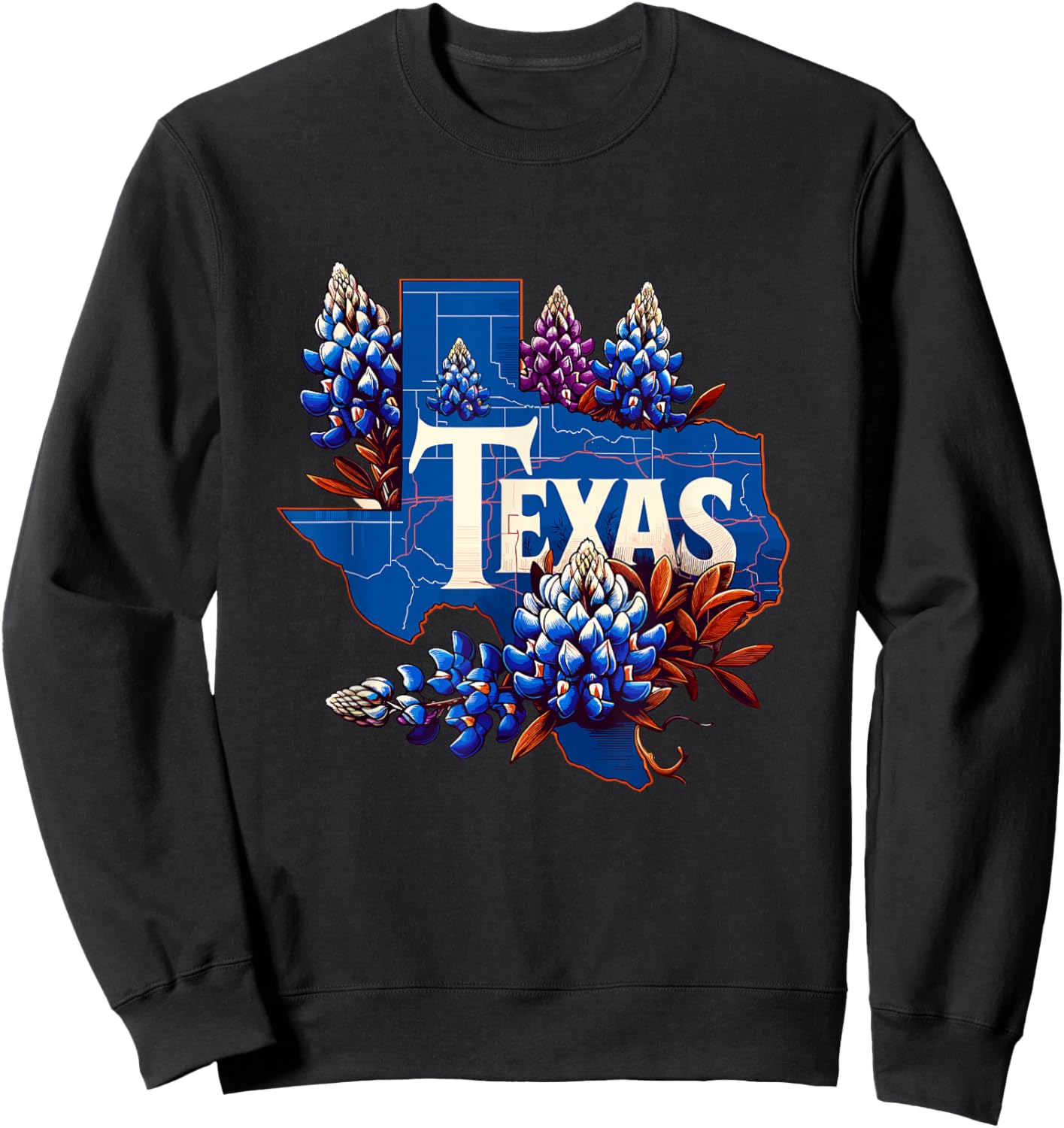 Texas State Outline Bluebonnet State Texas Flower Sweatshirt - Sweatshirt | Black