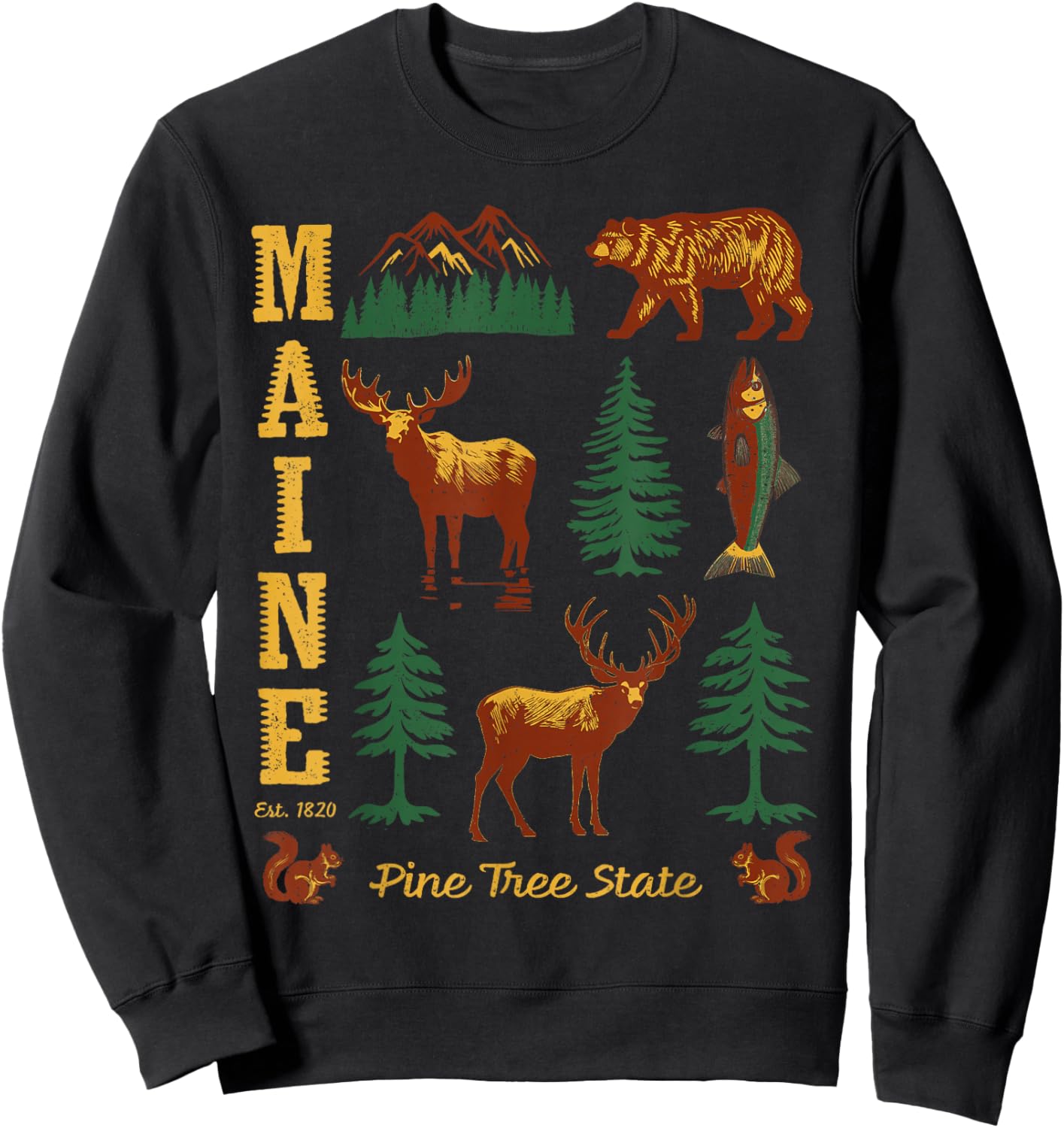 Maine Vintage Style Bear Moose Trees Deer Retro Souvenir Sweatshirt - Sweatshirt | Black
