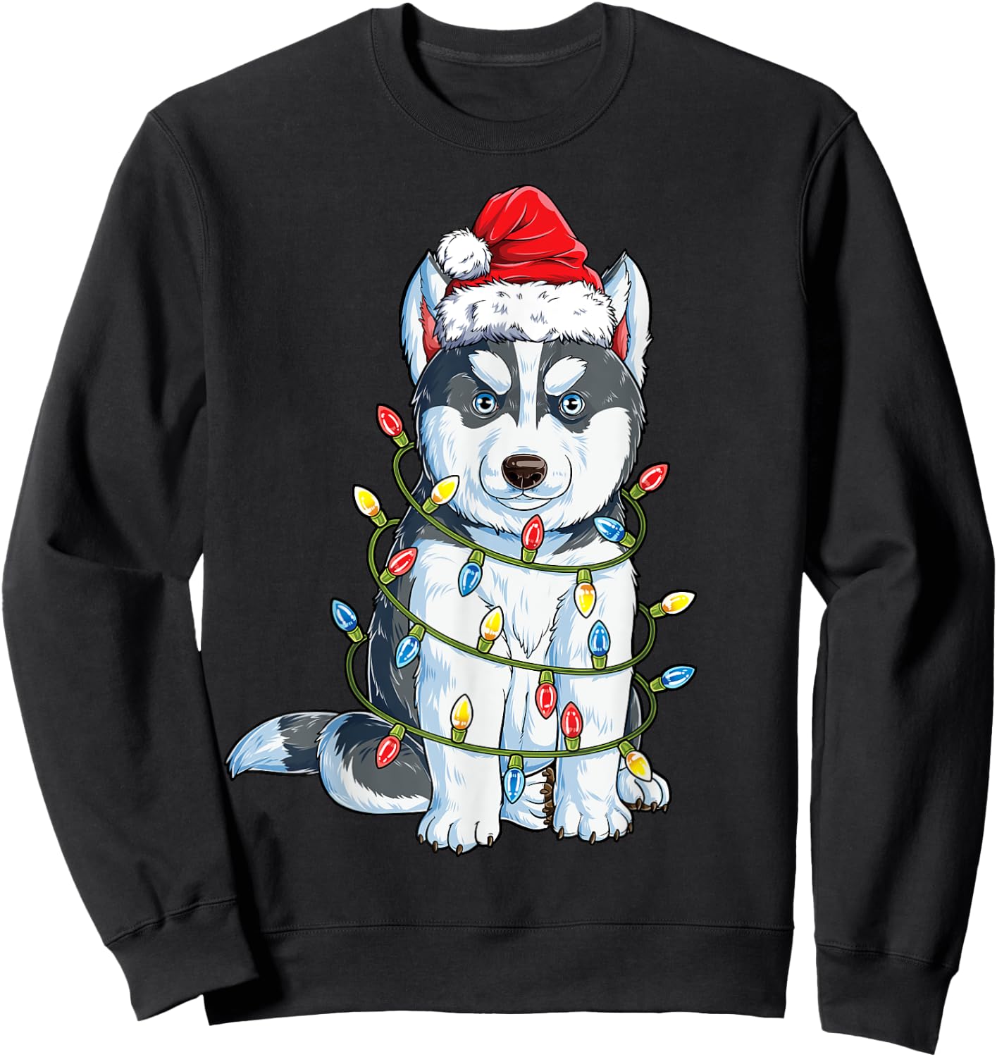 Siberian Husky Santa Christmas Tree Lights Xmas Boys Dog Sweatshirt - Sweatshirt | Black
