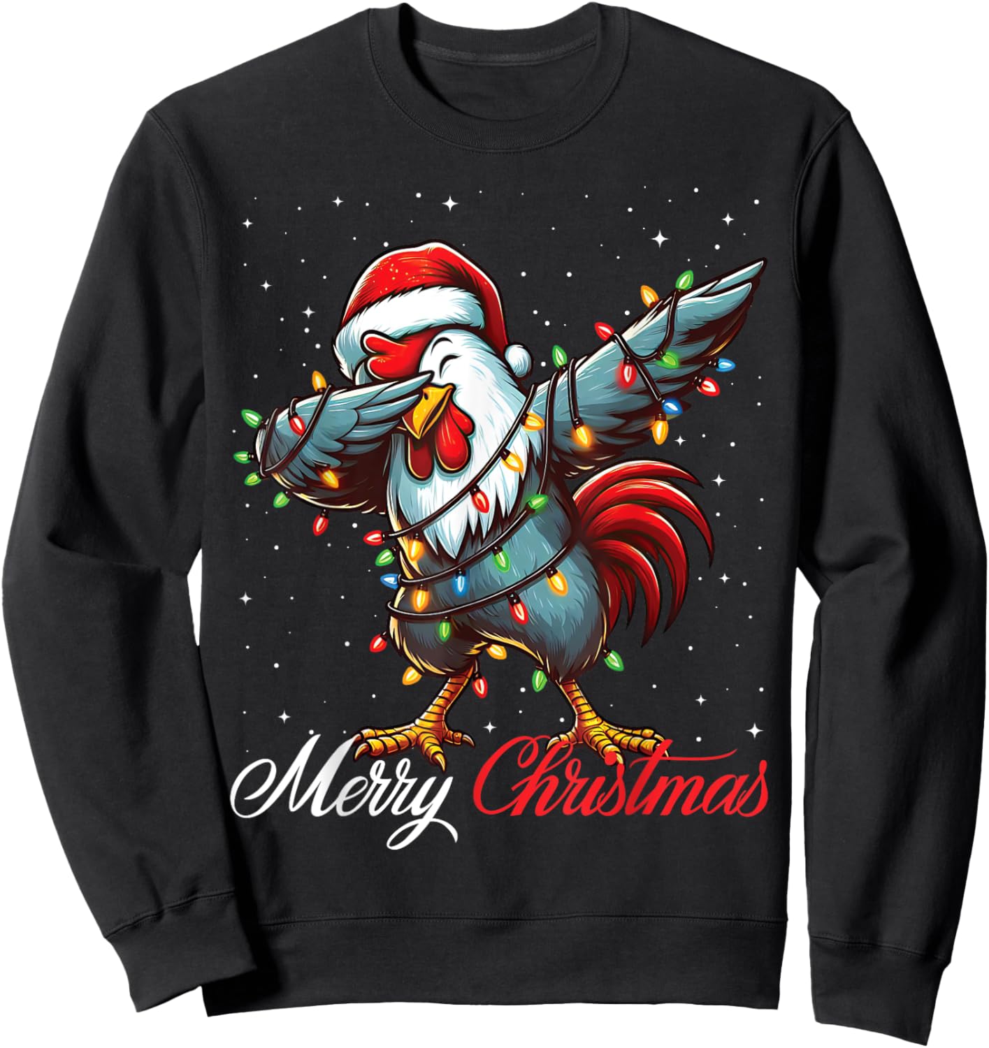 Dabbing Rooster Merry Christmas Lights Santa Hat Xmas Snow Sweatshirt - Sweatshirt | Black