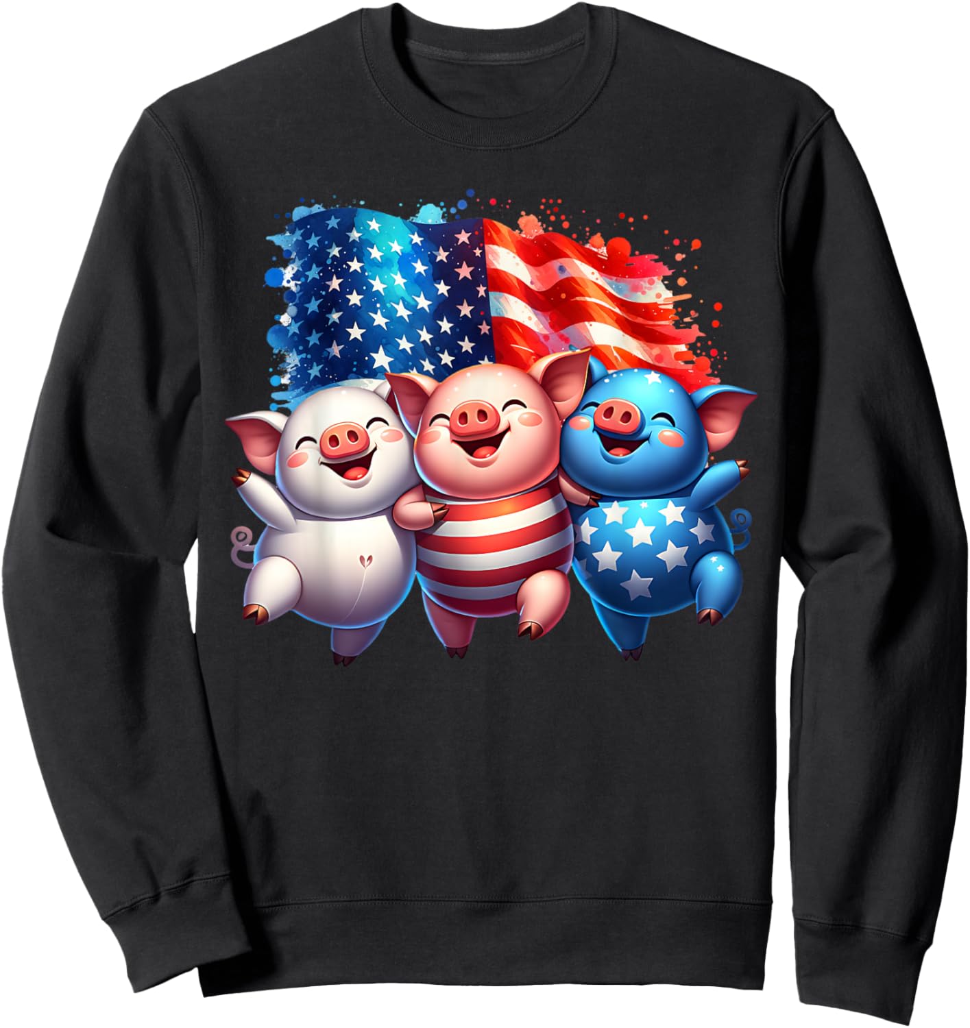 4th of July Funny Patriotic Pigs USA Flag Red White Blue Sweatshirt - Sweatshirt | Black
