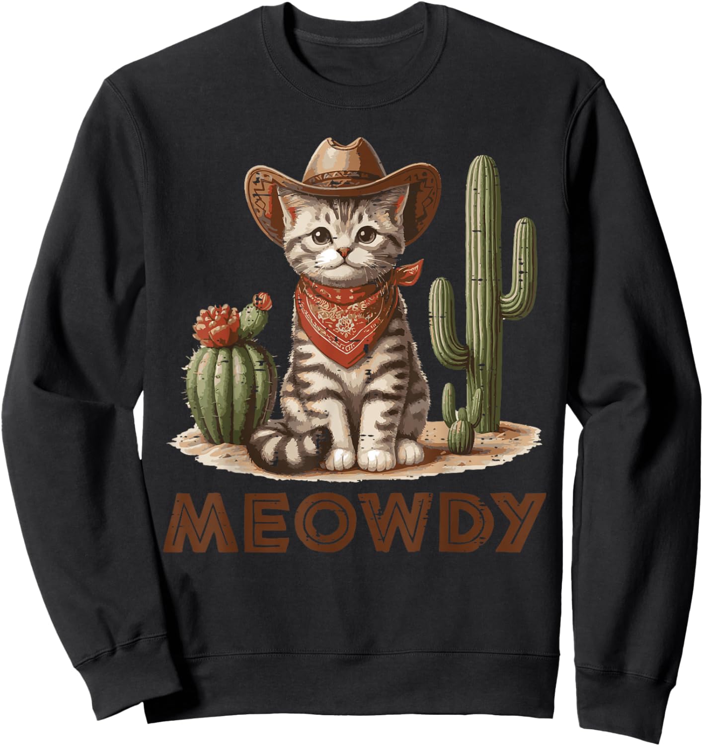 Cat Cowboy Hat Cactus Meowdy Cute Kitten Kitty Women Men Kid Sweatshirt - Sweatshirt | Black