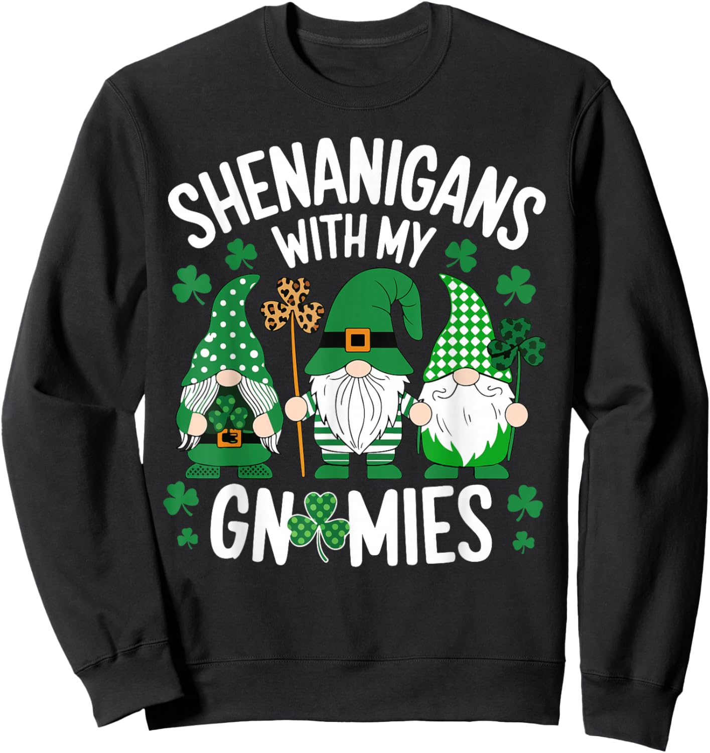 St Patricks Day Lucky Shamrock Leopard Gnomes Irish Women Sweatshirt - Sweatshirt | Black