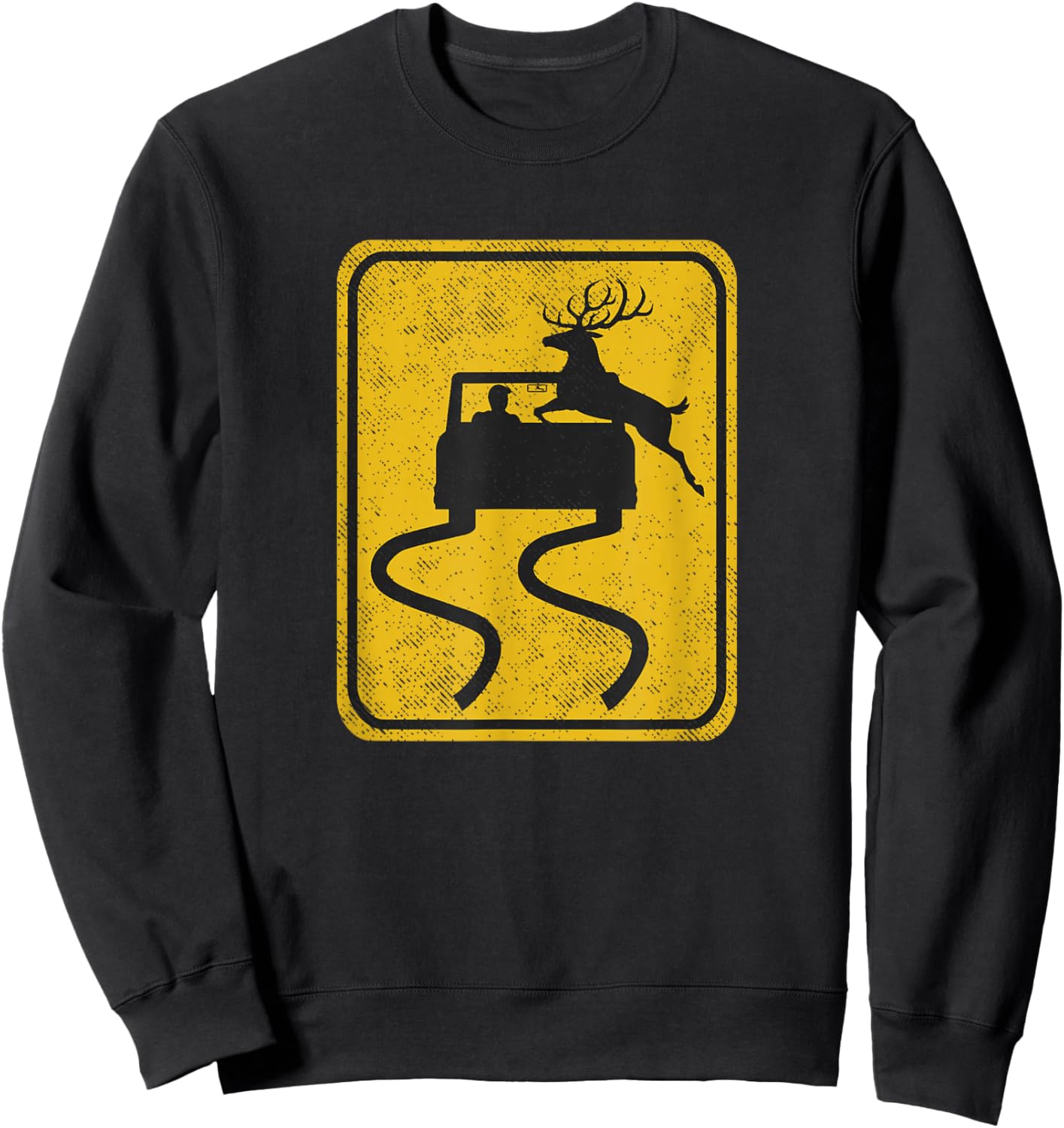 Swerving Car Meets Deer Crossing Vintage Road Sign Sweatshirt - Sweatshirt | Black