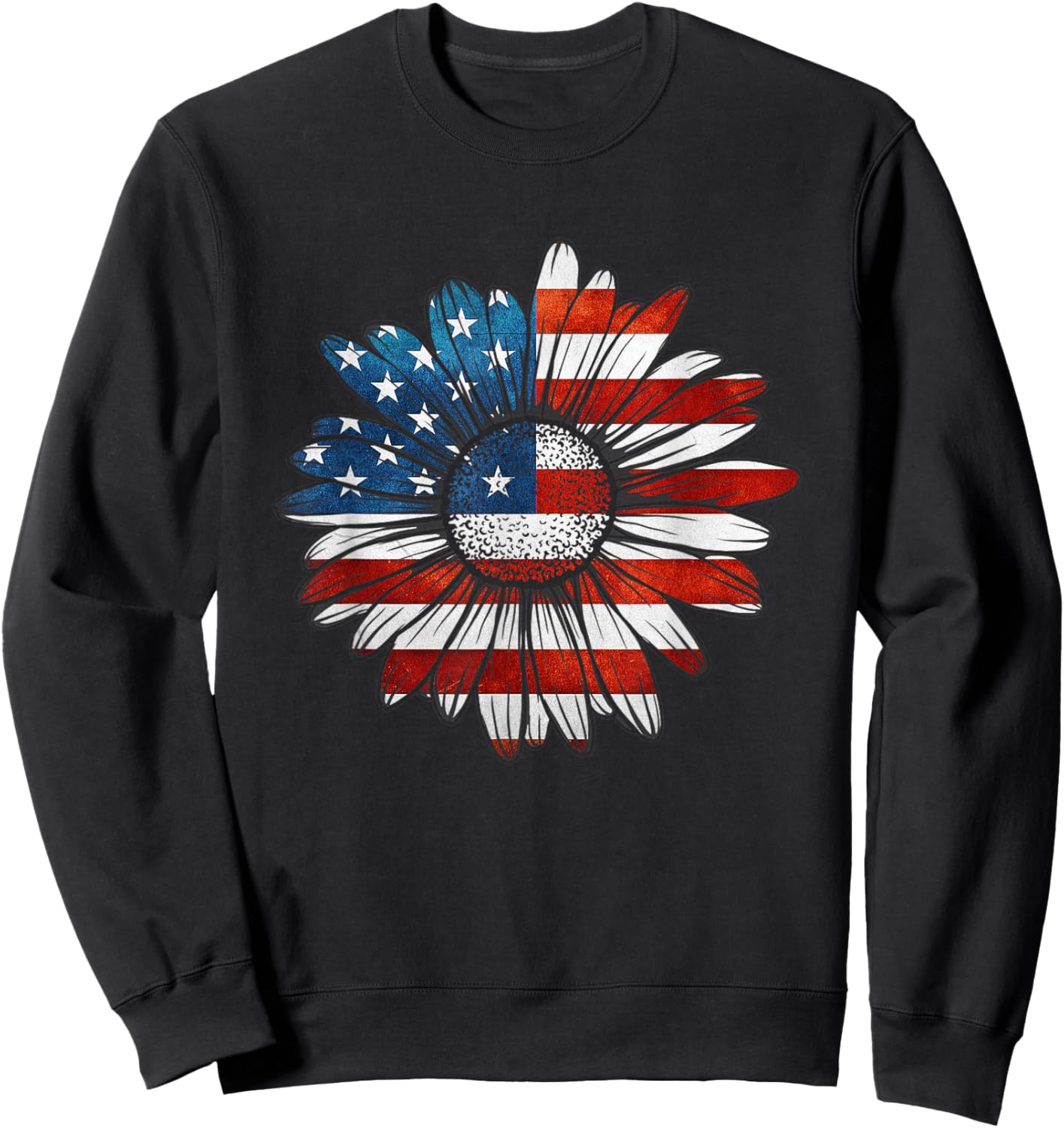 Vintage Daisy USA American Flag 4th of July Patriotic Flower Women Kids Men Sweatshirt - Sweatshirt | Black