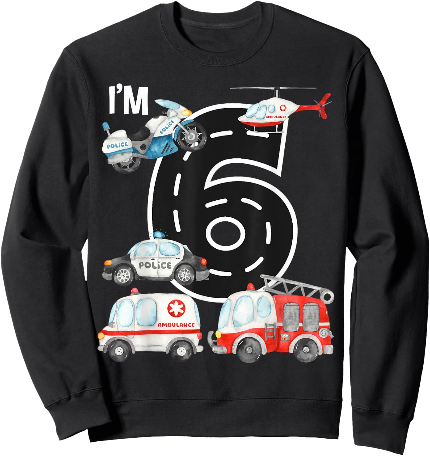 Emergency Vehicles 6th Birthday Fire Truck Police Car Boys Sweatshirt - Sweatshirt | Black