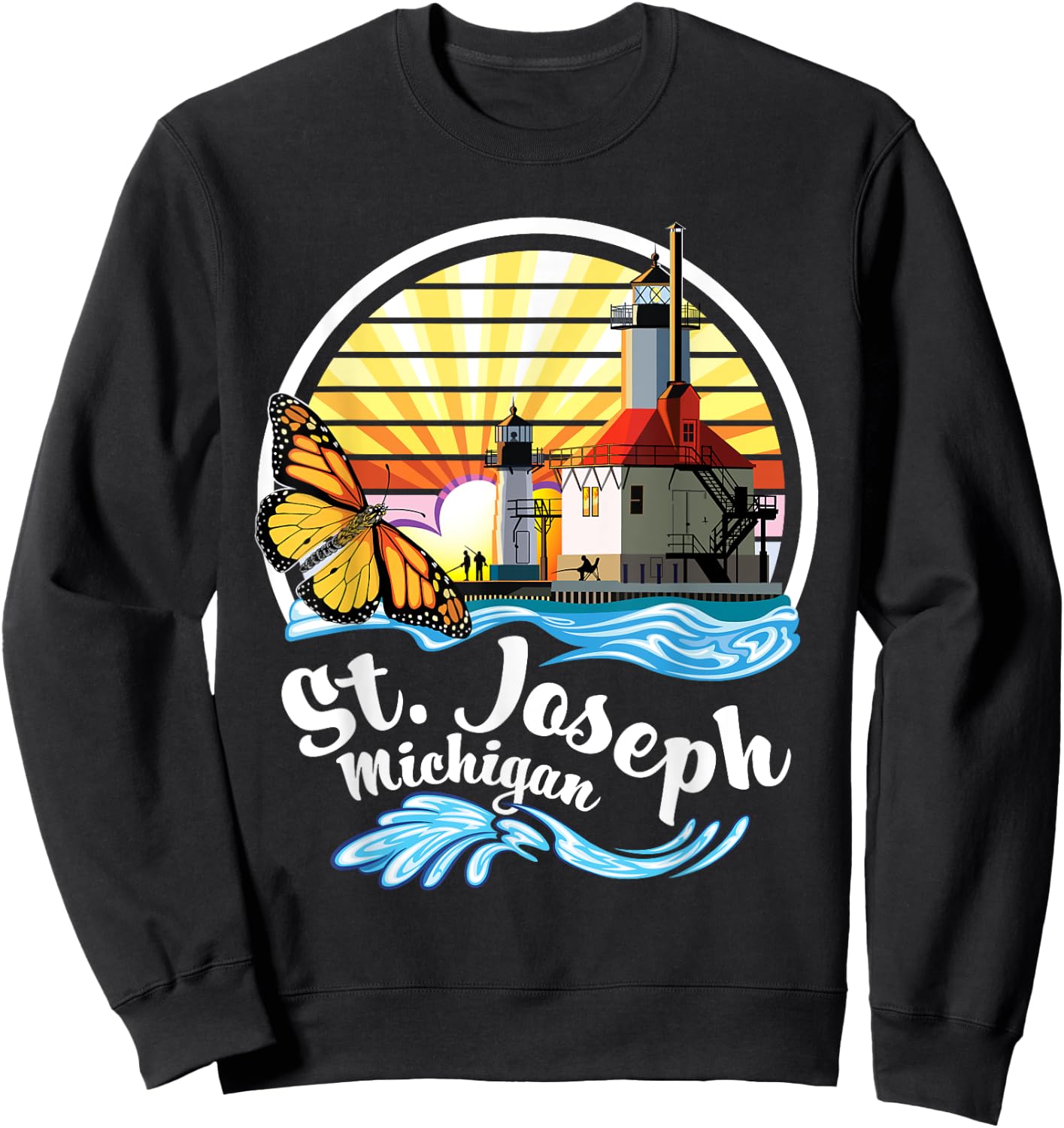 St. Joseph MI Lighthouses & Butterfly at Silver Beach Design Sweatshirt - Sweatshirt | Black