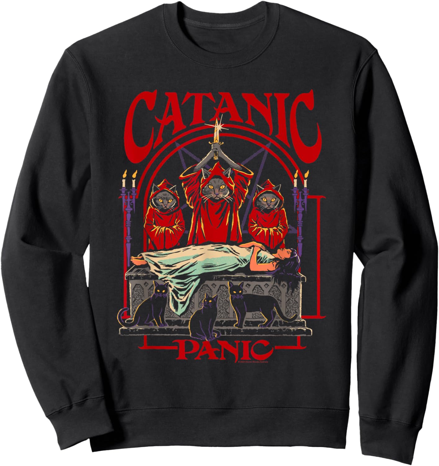 Steven Rhodes Catanic Panic Black Cats Retro Dark Humor Sweatshirt - Sweatshirt | Black