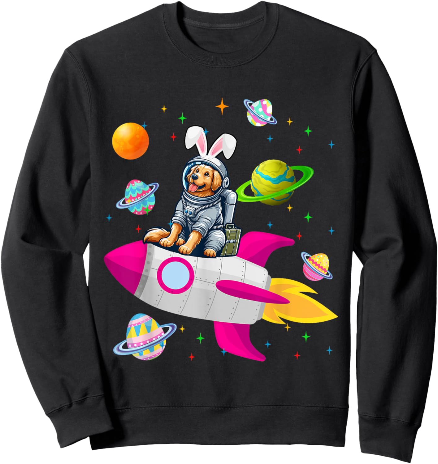Bunny Golden Retriever In Space Planets Easter Dog Owner Women Kids Sweatshirt - Sweatshirt | Black