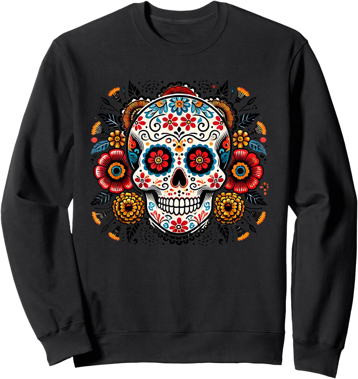 Sugar Skull Floral Art Men Women Sweatshirt - Sweatshirt | Black