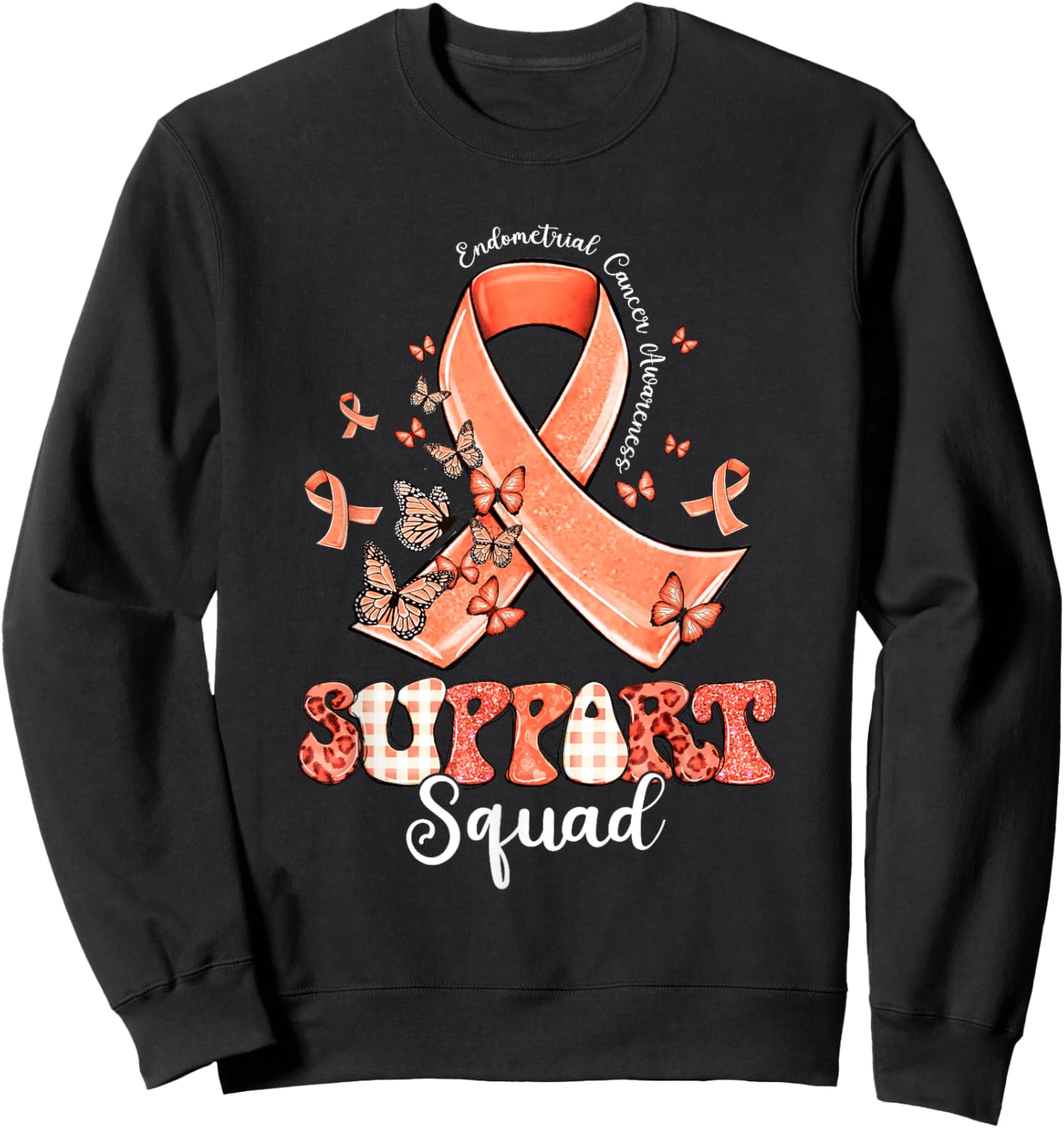 Support Squad Peach Ribbon Butterfly Endometrial Cancer Sweatshirt - Sweatshirt | Black
