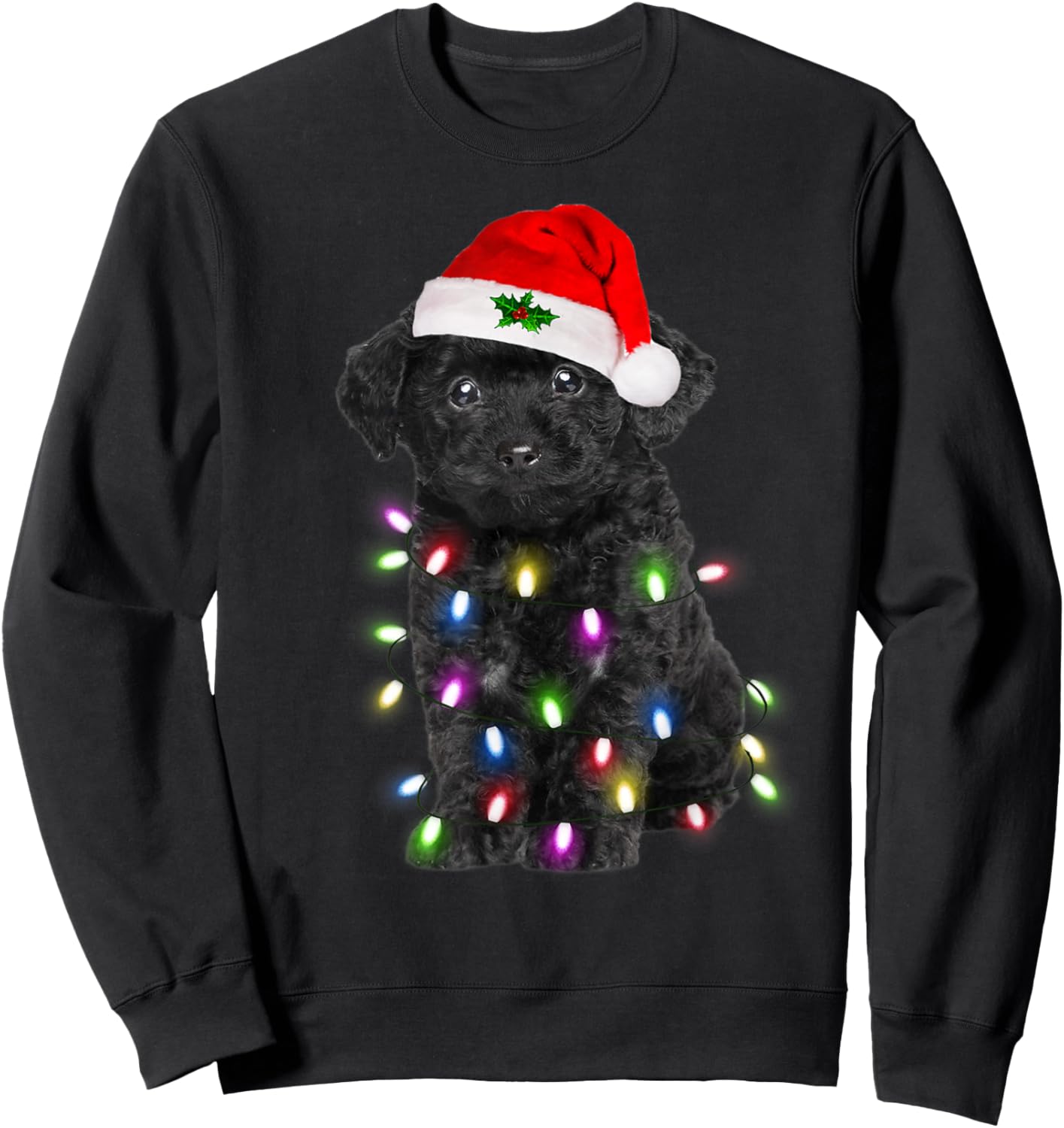 Black Poodle dog Santa Christmas Tree Lights Xmas Boys Dog Sweatshirt - Sweatshirt | Black