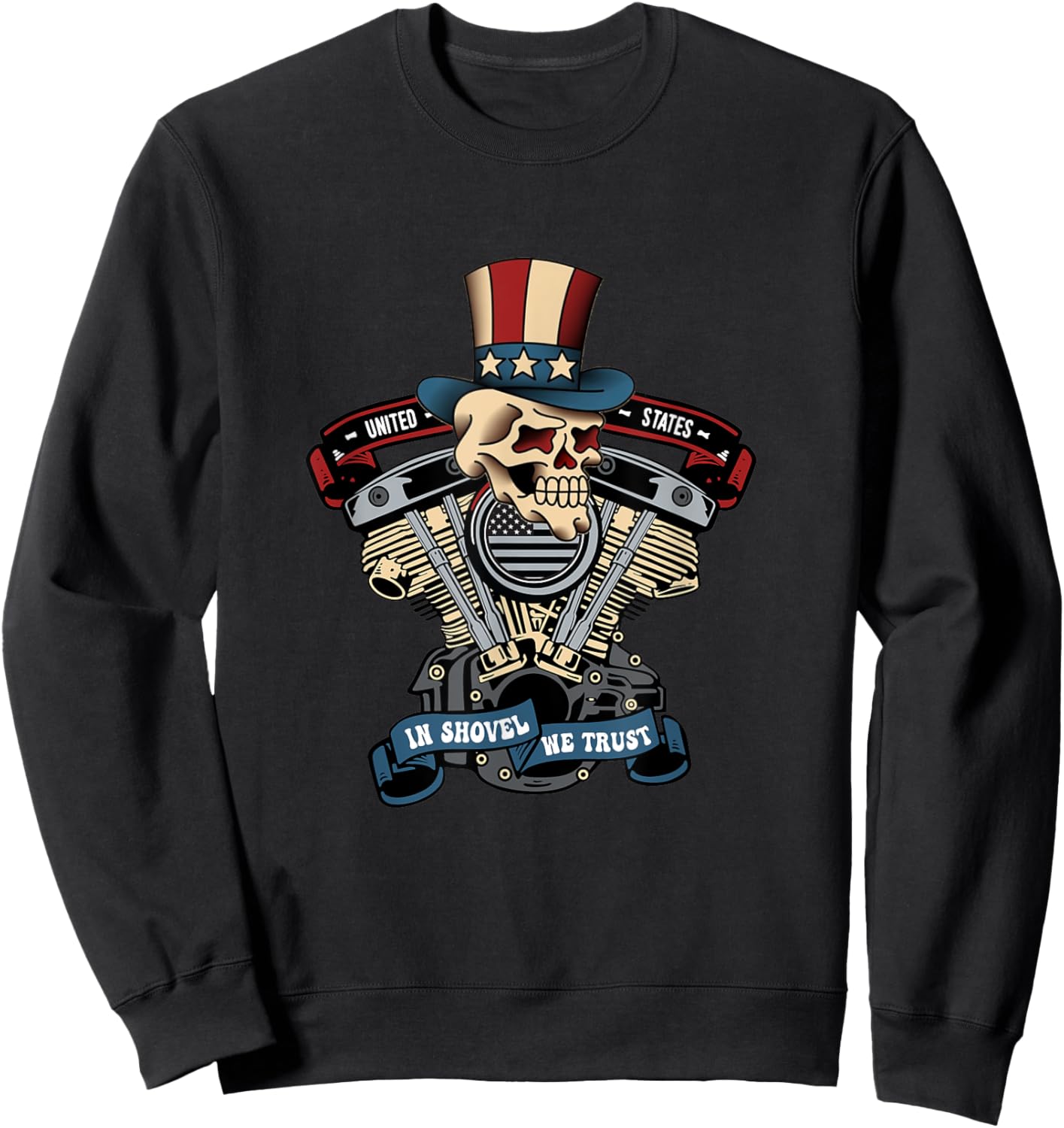 Retro HD Motorcycle VTwin ShovelHead Engine Skull Top Hat Sweatshirt - Sweatshirt | Black