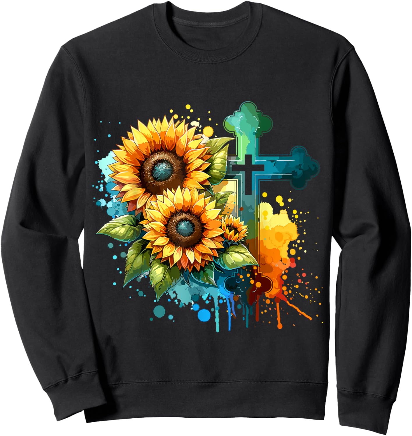 Christian Cross and Sunflowers Sweatshirt - Sweatshirt | Black