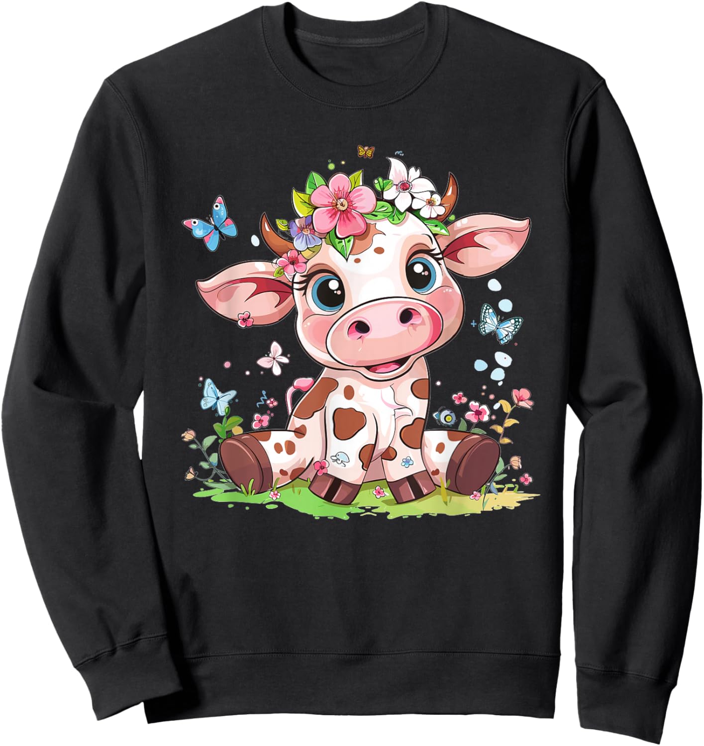 Cute Cow with Flowers I Kids Cow Sweatshirt - Sweatshirt | Black