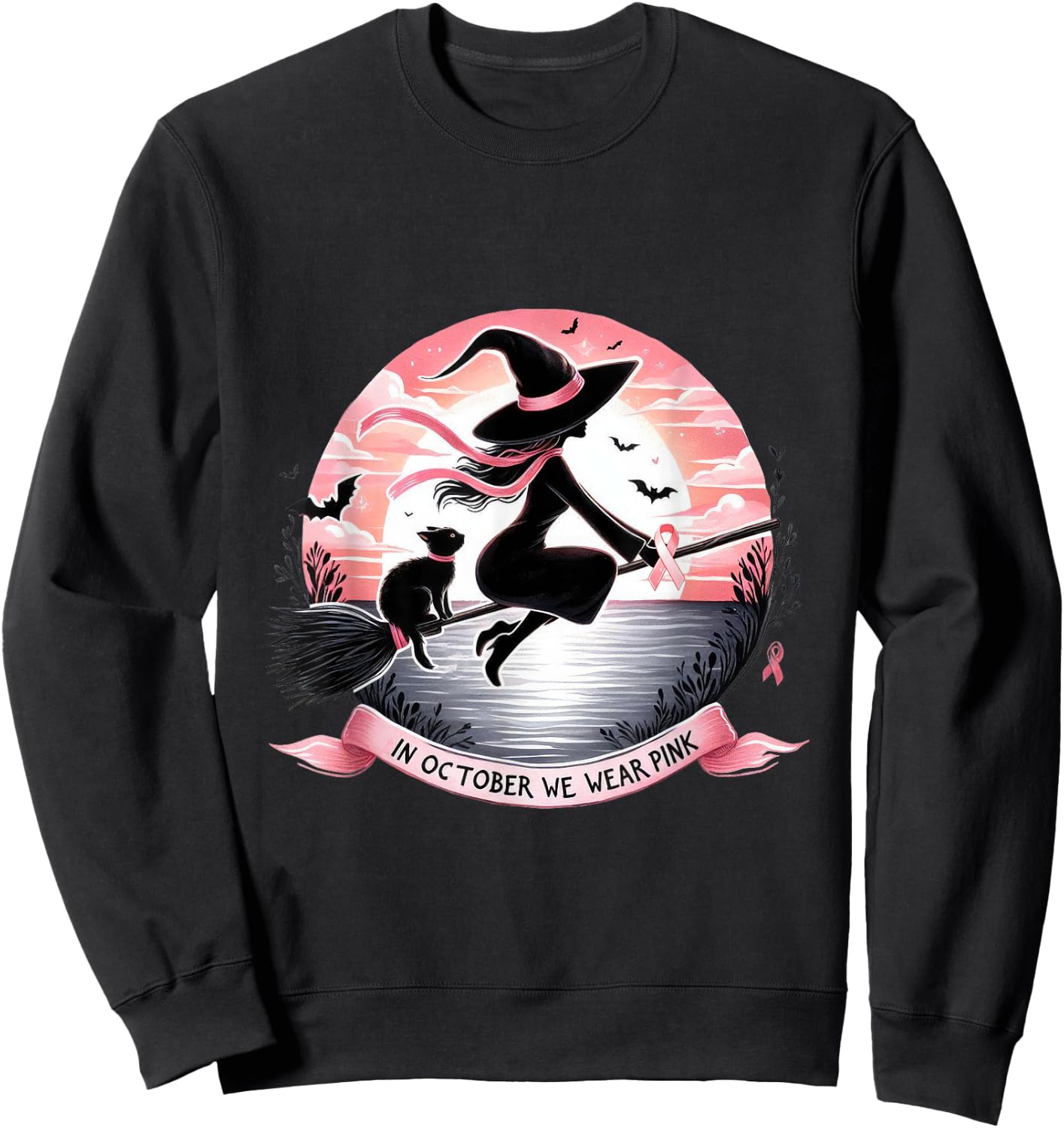 Witch In October We Wear Pink Ribbon Breast Cancer Awareness Sweatshirt - Sweatshirt | Black