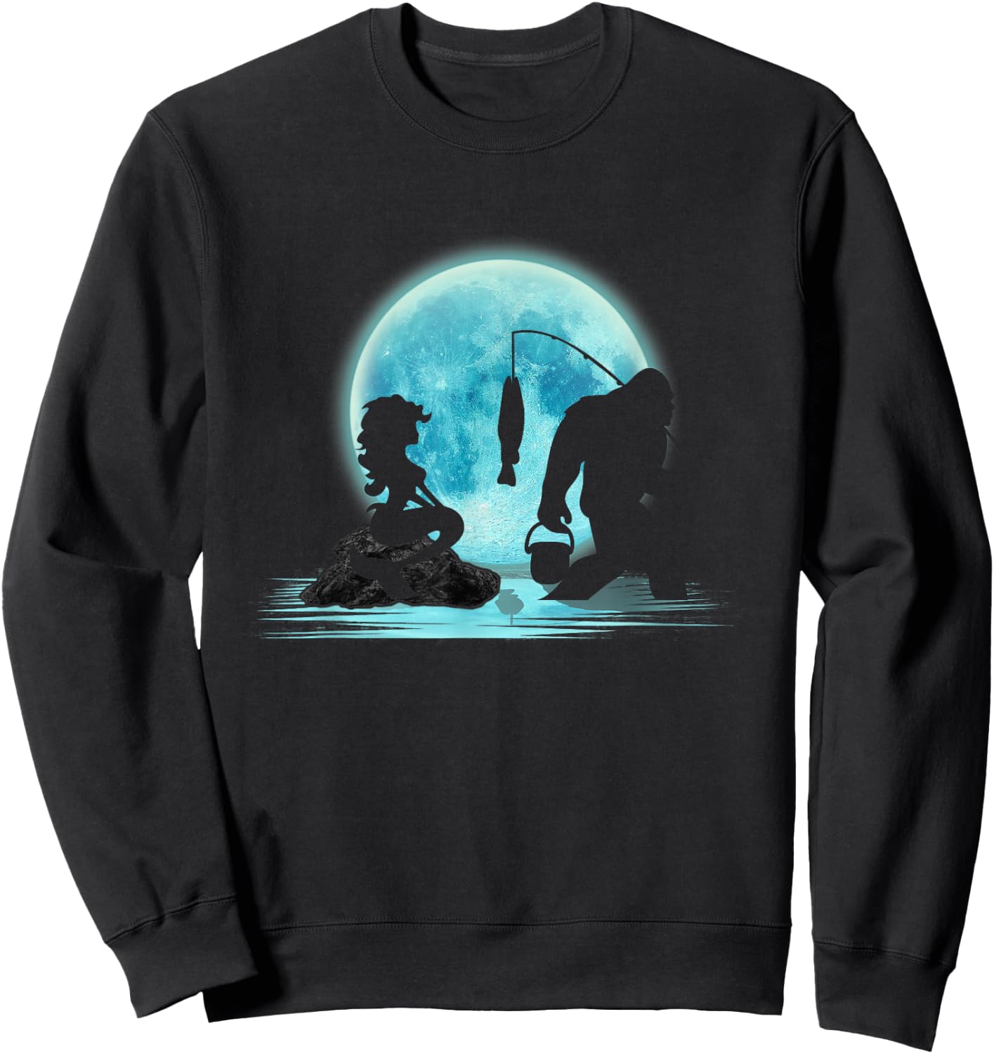 Bigfoot Fishing with Mermaid Funny Sasquatch Fish under Moon Sweatshirt - Sweatshirt | Black