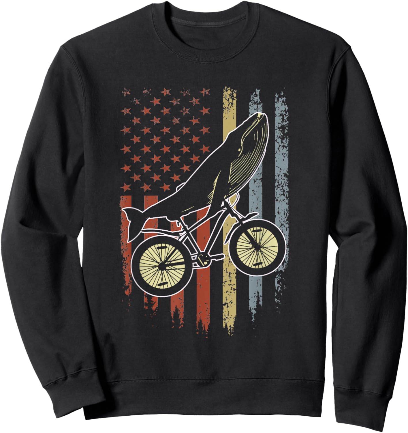Whale Riding Bicycle Vintage USA FLag Mountain Biking Whale Sweatshirt - Sweatshirt | Black