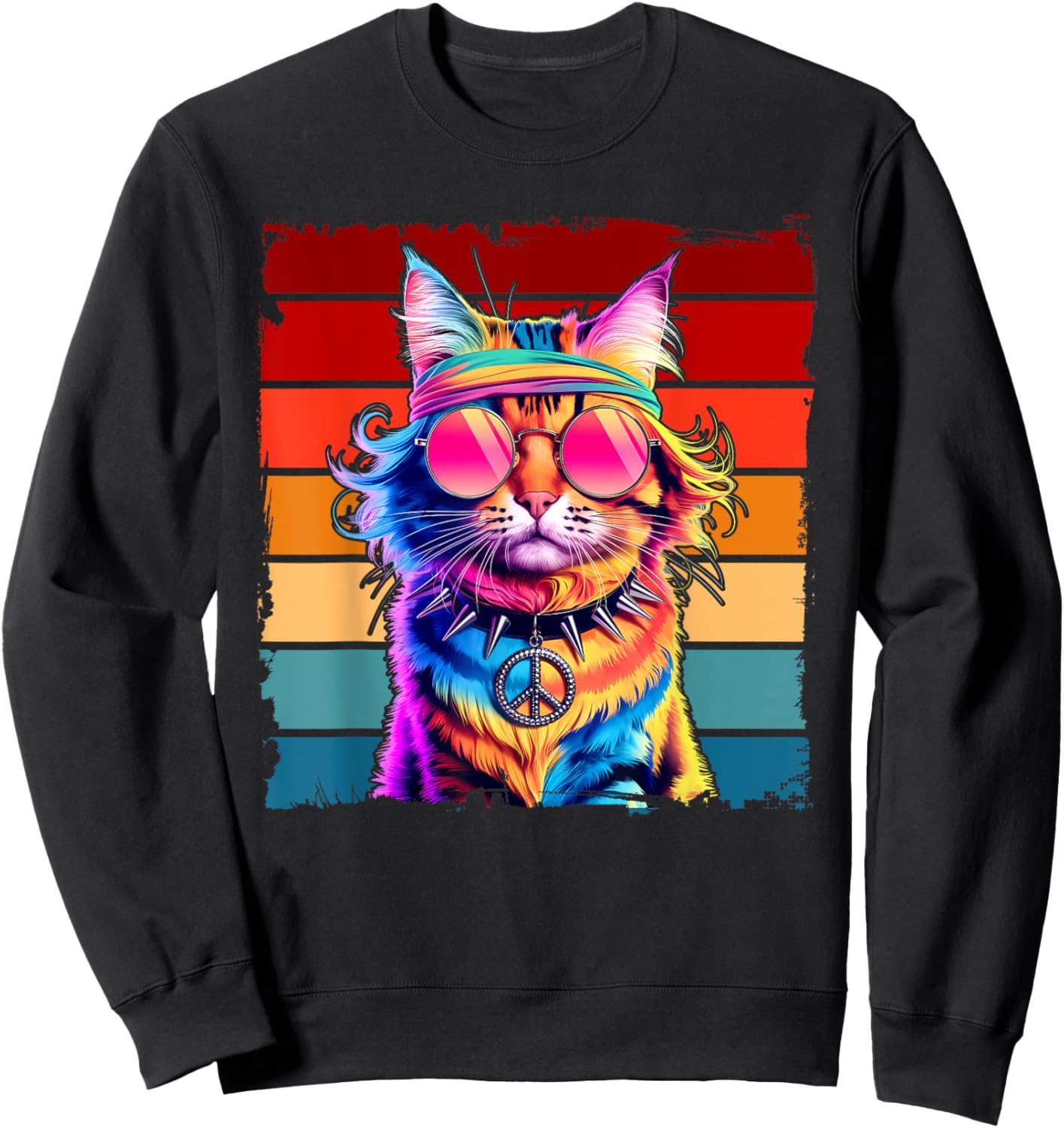 Psychedelic Peace Cat Colorful Hippie Retro Groovy Vibes Men Women Kids Sweatshirt - Sweatshirt | Black
