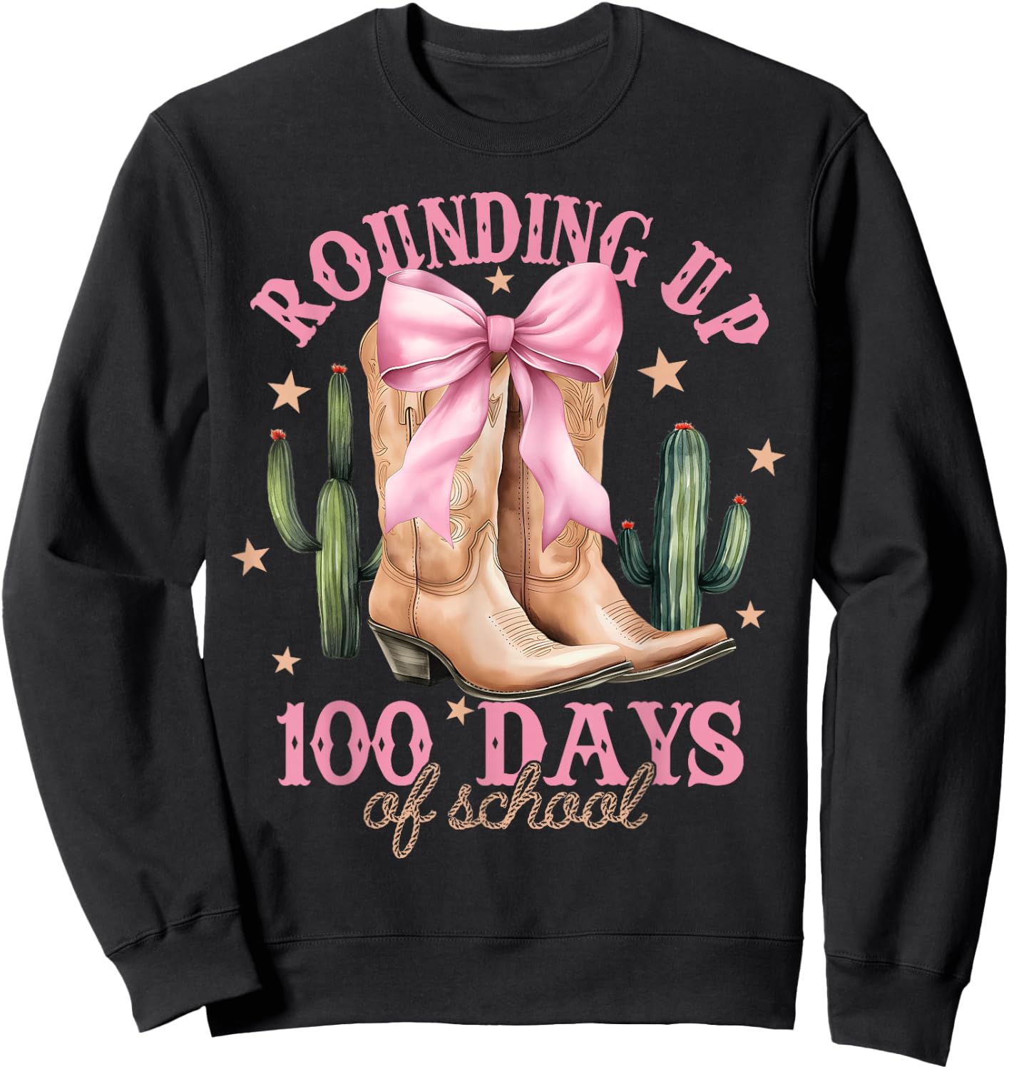 Rounding Up 100 Days Of School Pink Coquette Bow Teacher Sweatshirt - Sweatshirt | Black