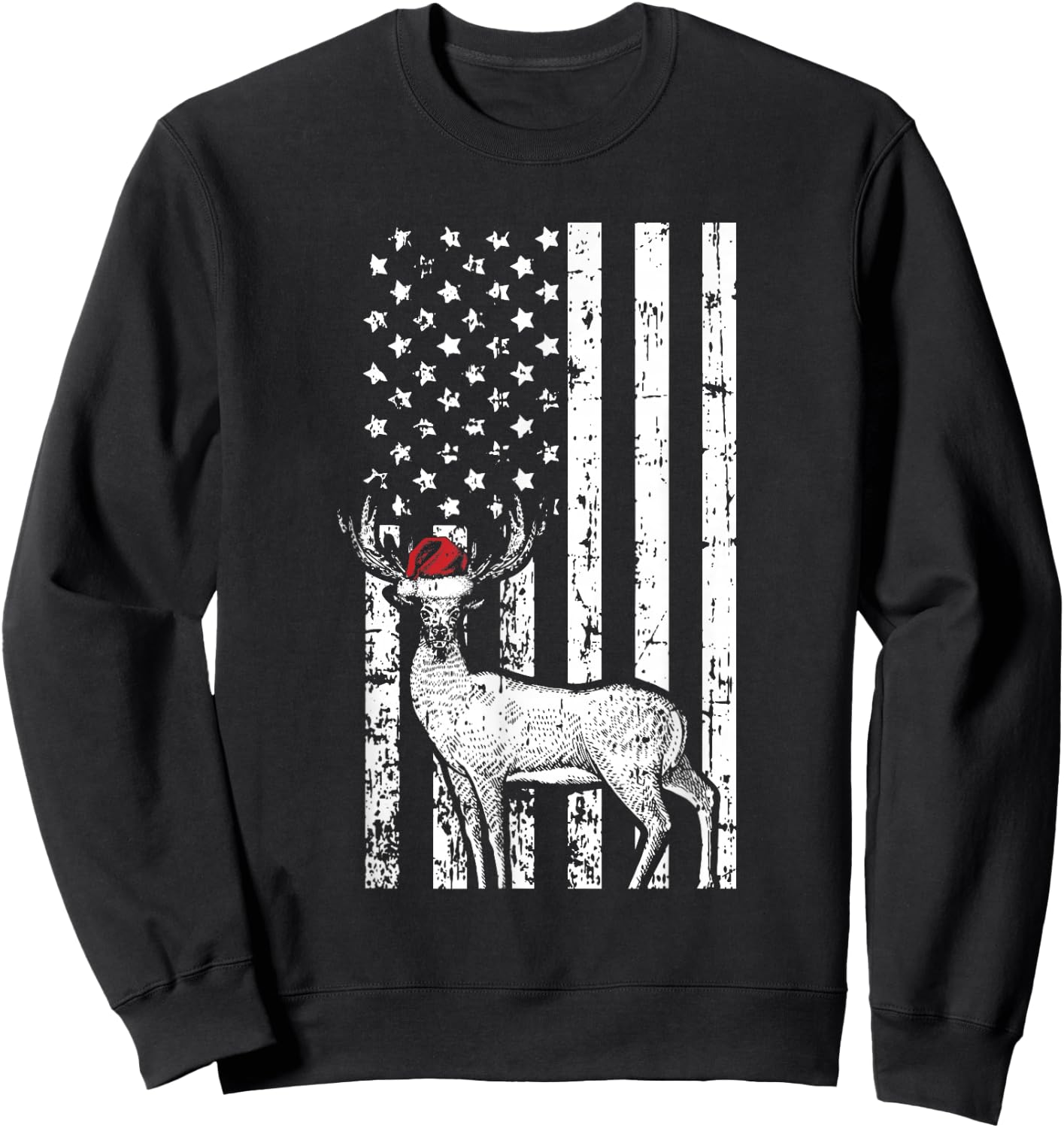 Deer Hunting Elk Santa Hat American Flag Christmas Gifts Kids Men Sweatshirt - Sweatshirt | Black