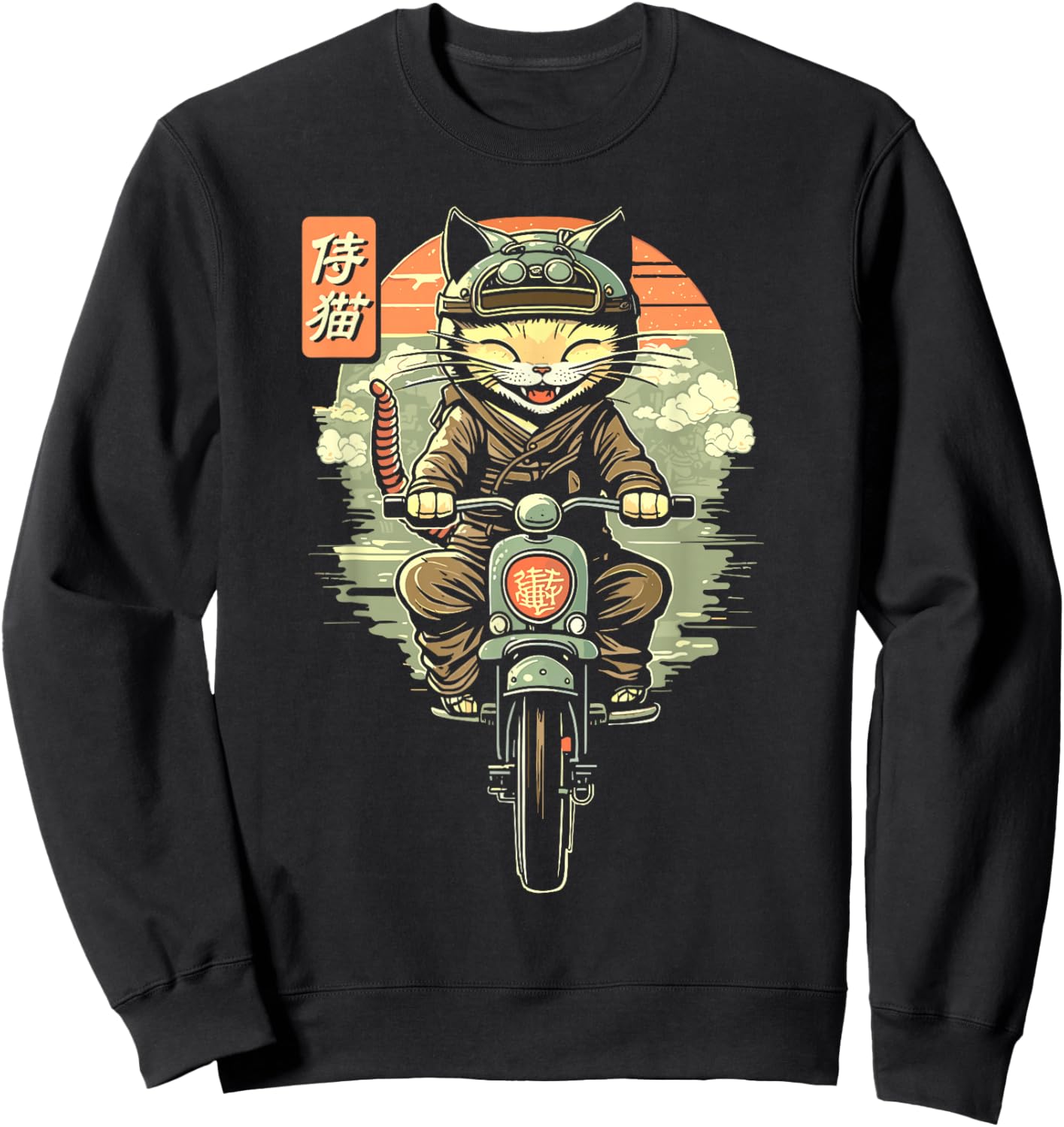 Japanese Samurai Cat on Motorcycle Kawaii Ninja Cat Sweatshirt - Sweatshirt | Black