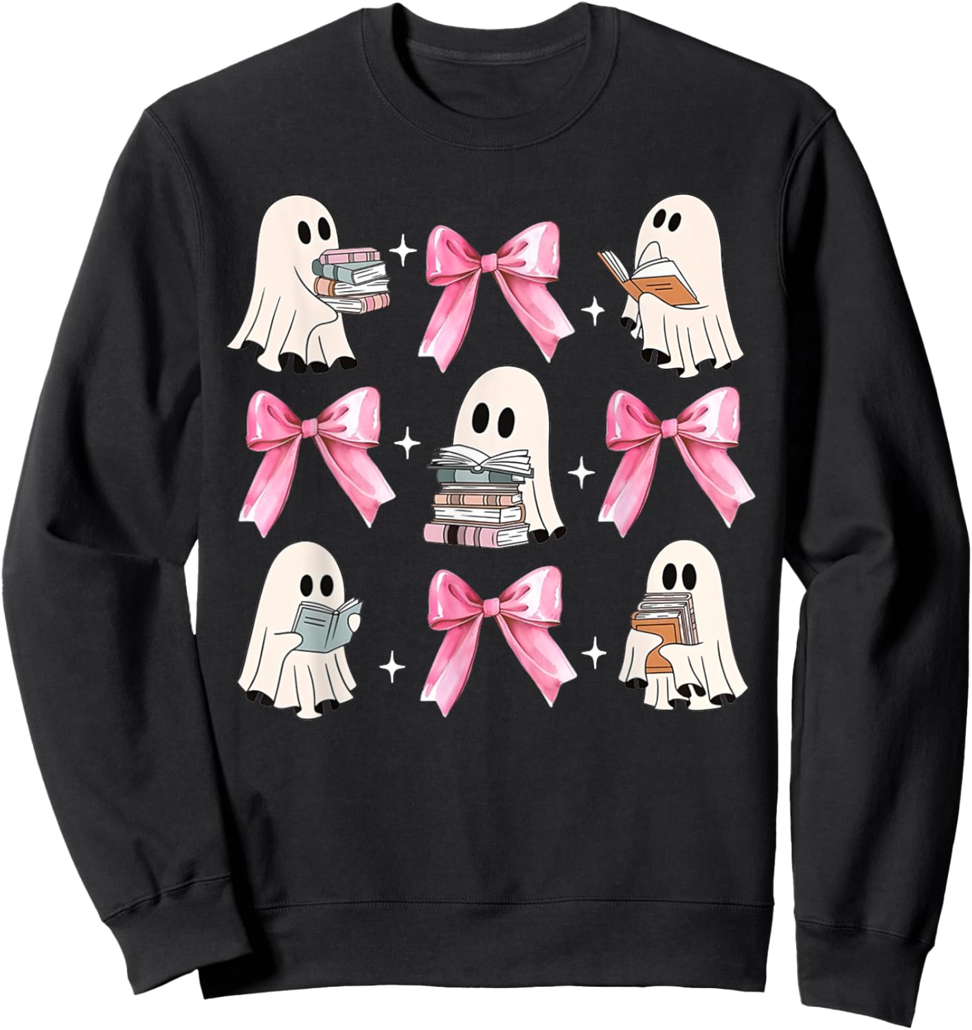 Little Pink Bow Ghost Reading Books Halloween Coquette Book Sweatshirt - Sweatshirt | Black