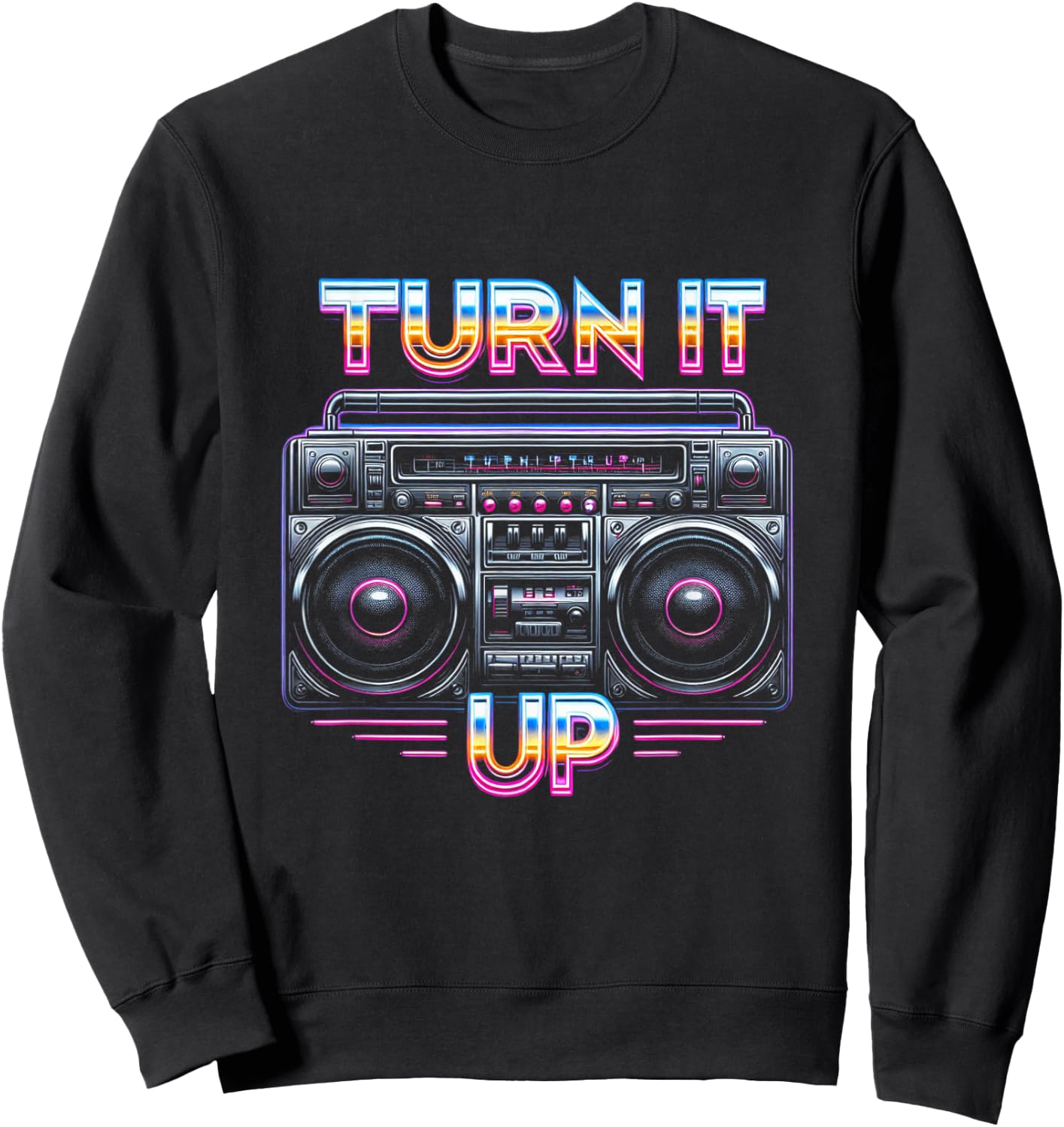 Retro Boombox Turn It Up Style Graphic Sweatshirt - Sweatshirt | Black