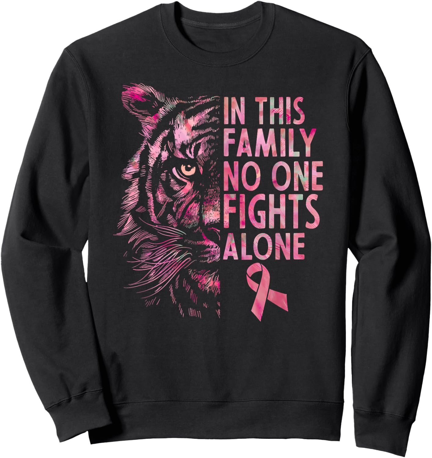 Breast Cancer Awareness 2024 Tiger Family Matching Ribbon Sweatshirt - Sweatshirt | Black