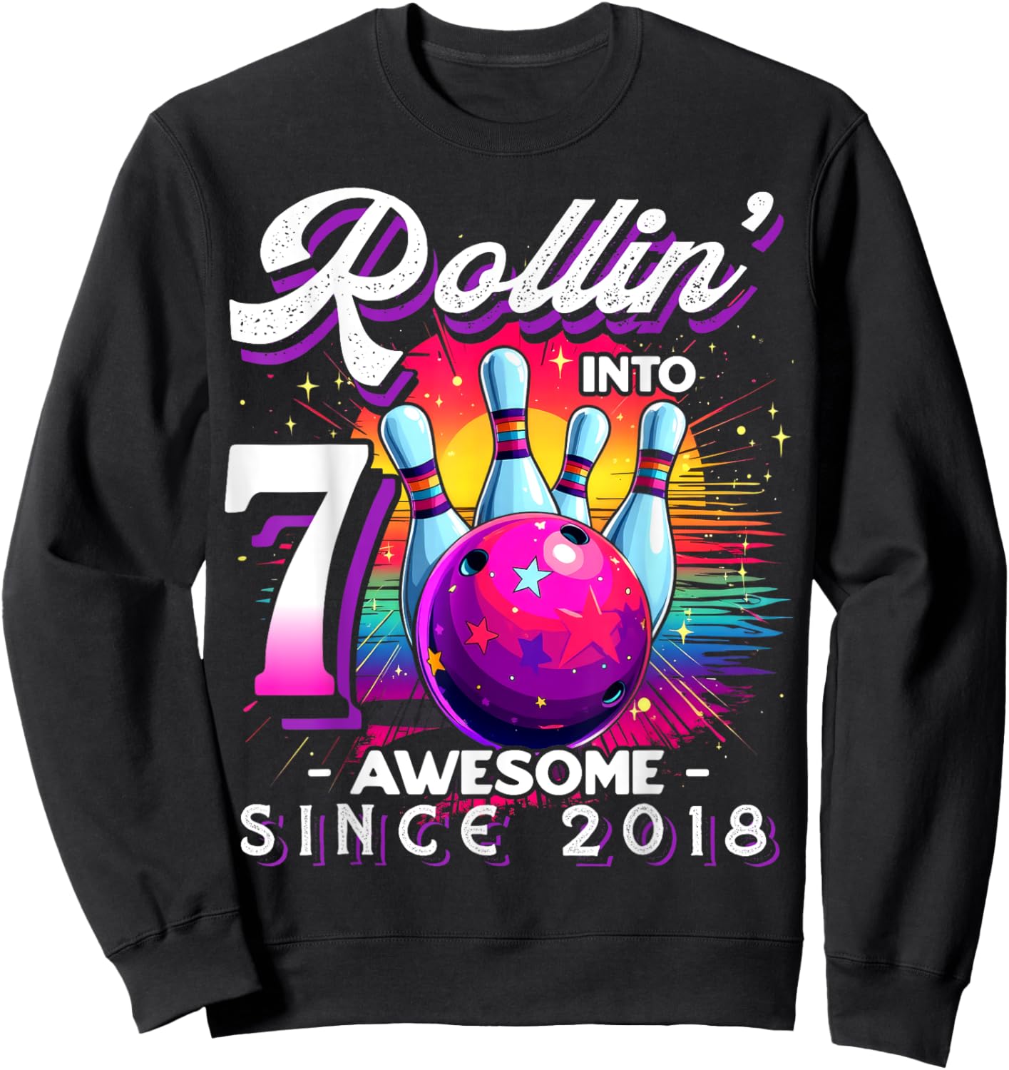 Bowling Party Rollin' 7 Awesome 2018 7th Birthday Girls Sweatshirt - Sweatshirt | Black