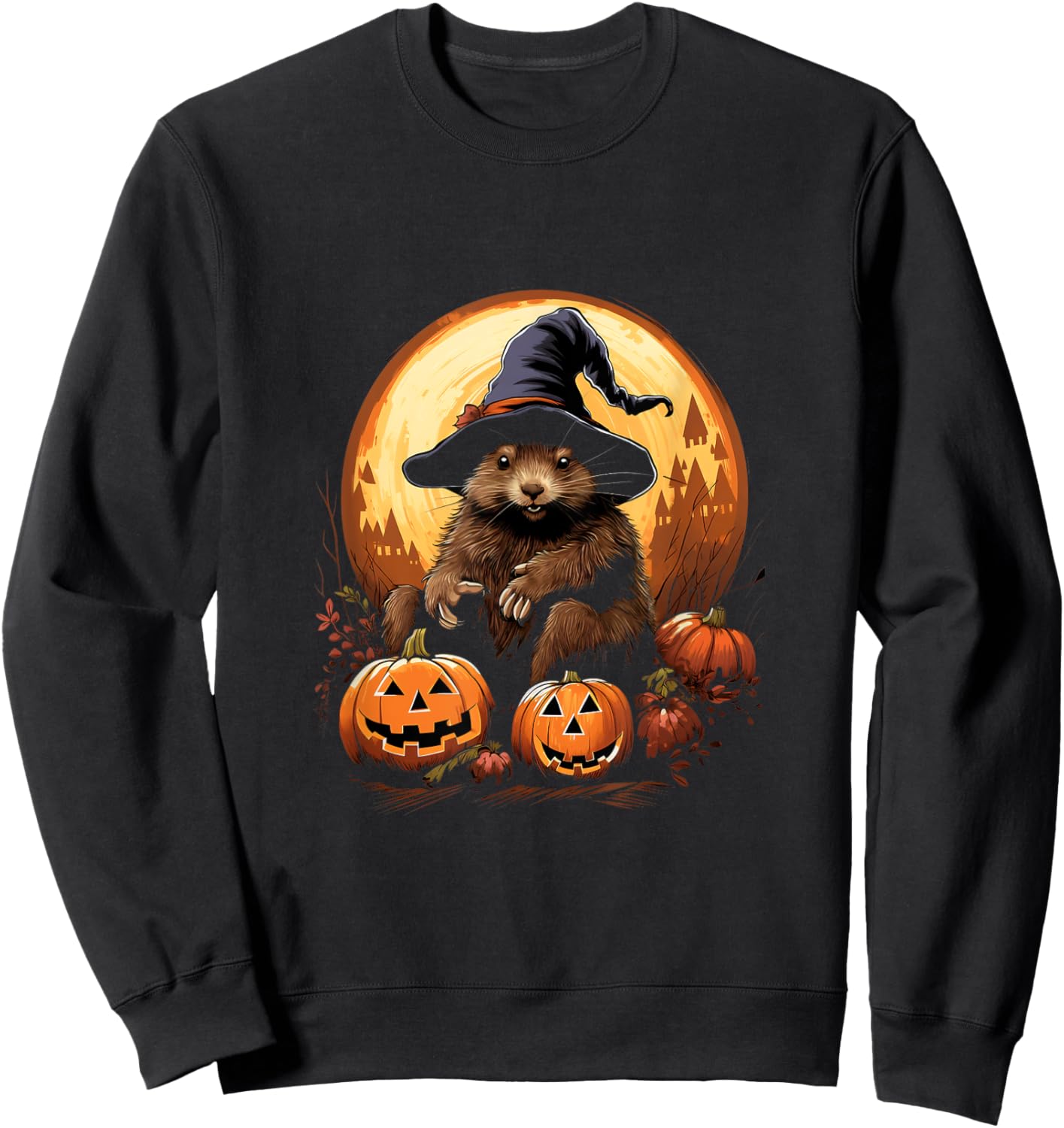 Marmot Witch Hat Pumpkins Halloween Costume Sweatshirt - Sweatshirt | Black