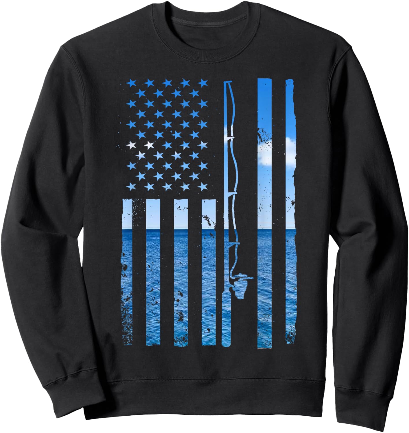 American Flag Fish Fisher Fisherman Funny Bass Fishing USA Sweatshirt - Sweatshirt | Black