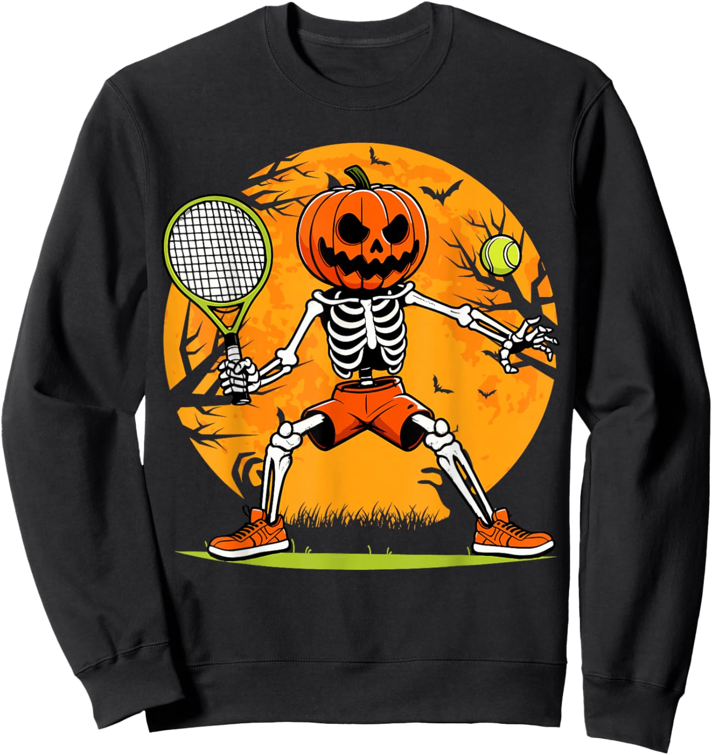 Halloween Tennis Pumpkin Head Skeleton Tennis Halloween Sweatshirt - Sweatshirt | Black