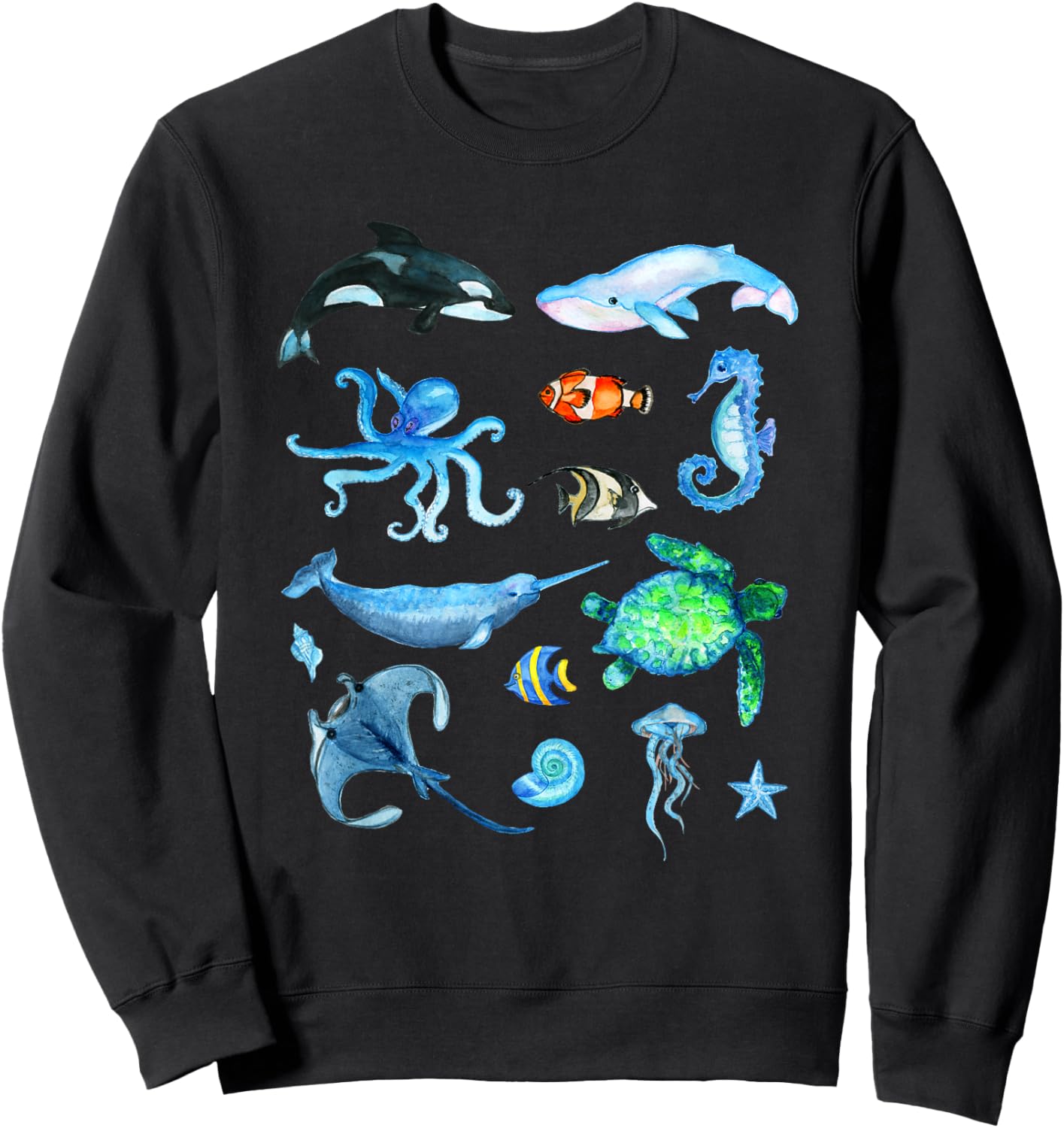 Watercolor Sea Animals Kids Ocean Wildlife Marine Creatures Sweatshirt - Sweatshirt | Black