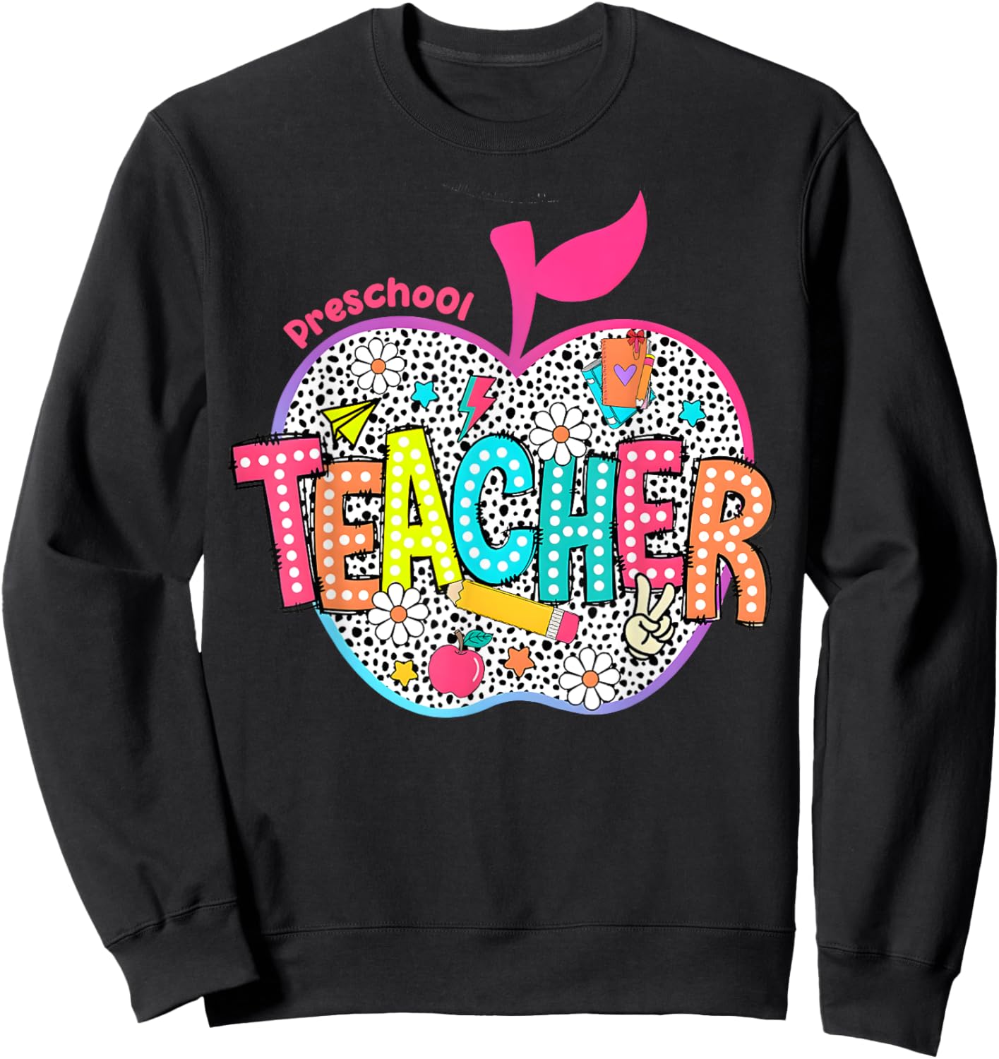 Preschool Teacher Flowers Retro Lightning Back To School Men Women Girls Kids Sweatshirt - Sweatshirt | Black
