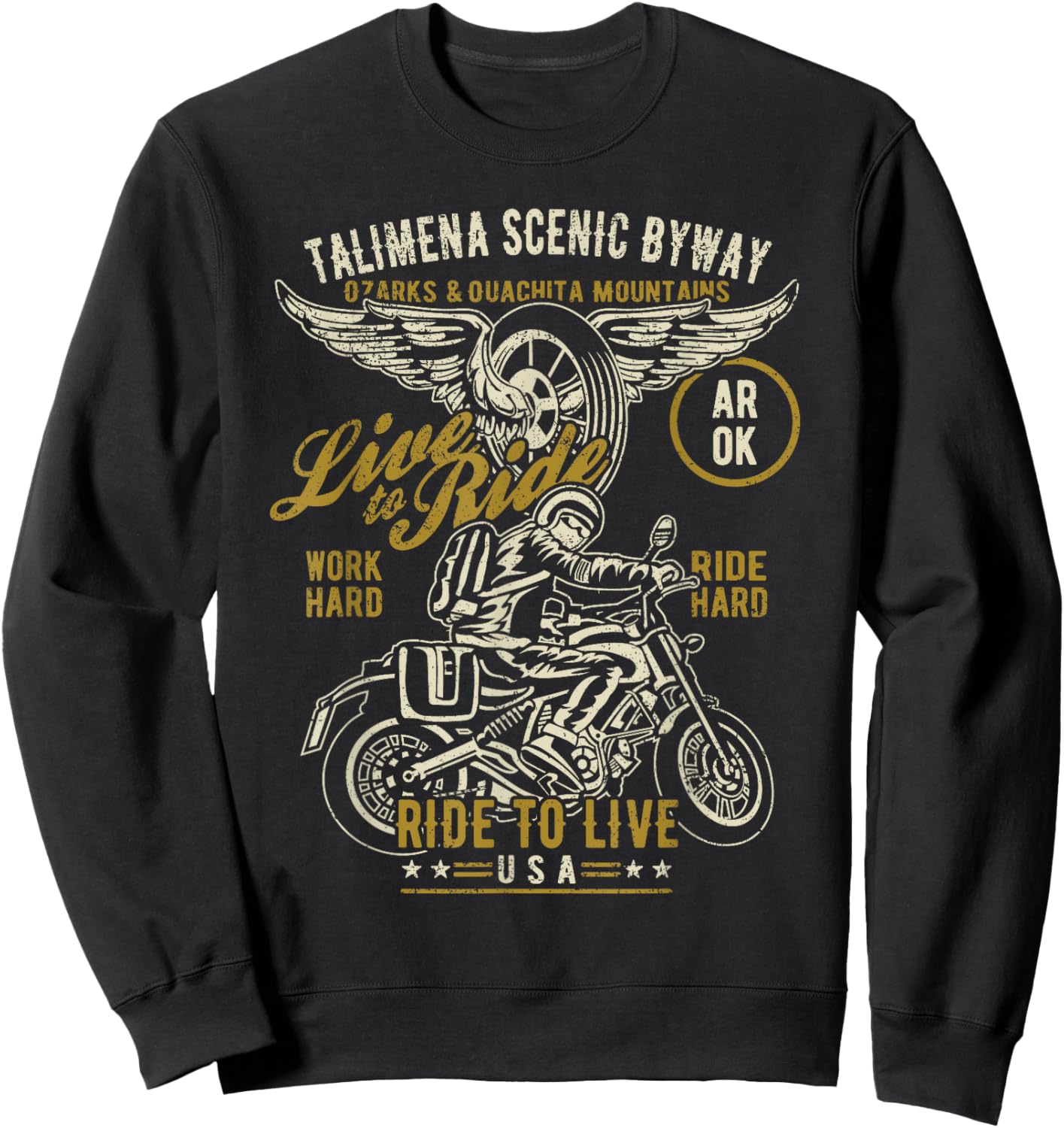 Talimena Scenic Byway AR OK USA Motorcycle Distressed Design Sweatshirt - Sweatshirt | Black