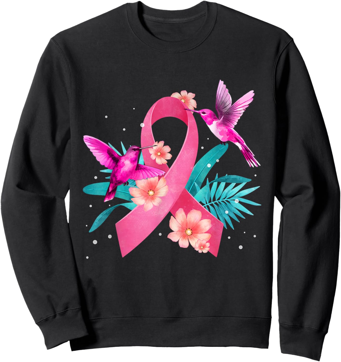 Hummingbird Breast Cancer Awareness Pink Ribbon Flowers Sweatshirt - Sweatshirt | Black