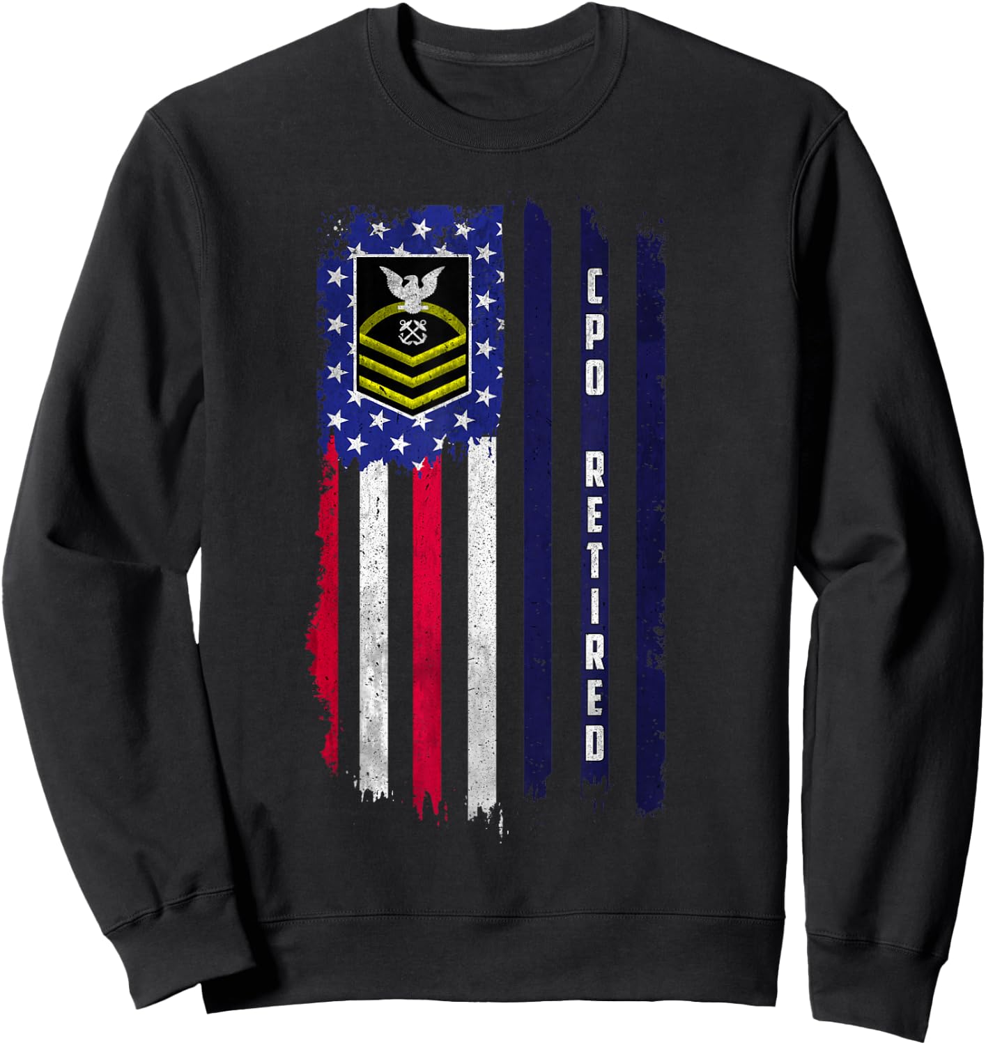 Retired E-7 Chief Petty Officer CPO Rank American Flag Papa Sweatshirt - Sweatshirt | Black