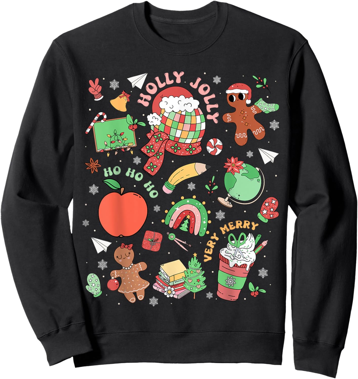 Retro Very Merry Teacher Gingerbread Rainbow Xmas Holiday Sweatshirt - Sweatshirt | Black
