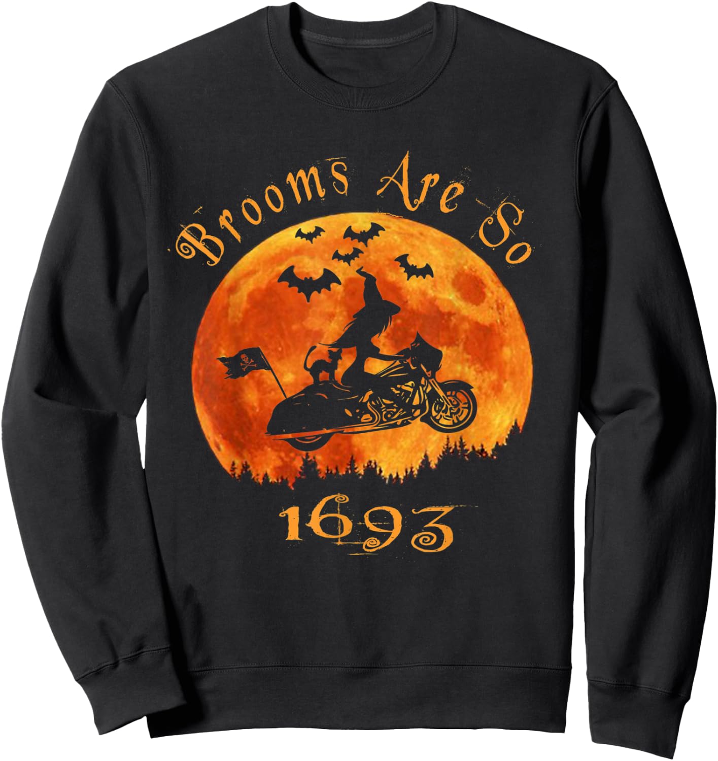 Halloween Witch On Motorcycle Cat & Moon Salem Witch Trials Sweatshirt - Sweatshirt | Black